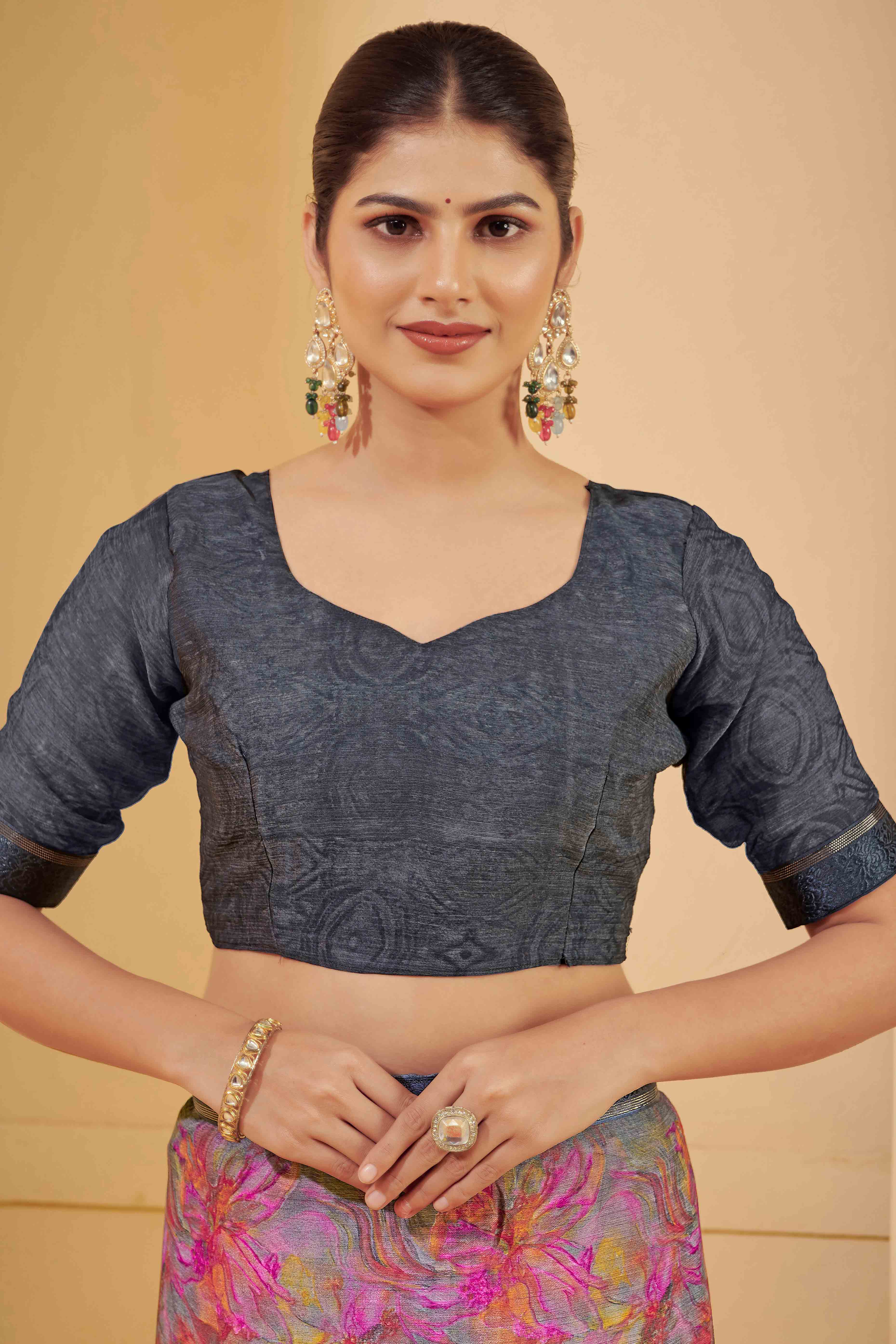 Grey Chiffon Saree Adorned With Artistic Floral Print & Finely Crafted Woven Lace Border