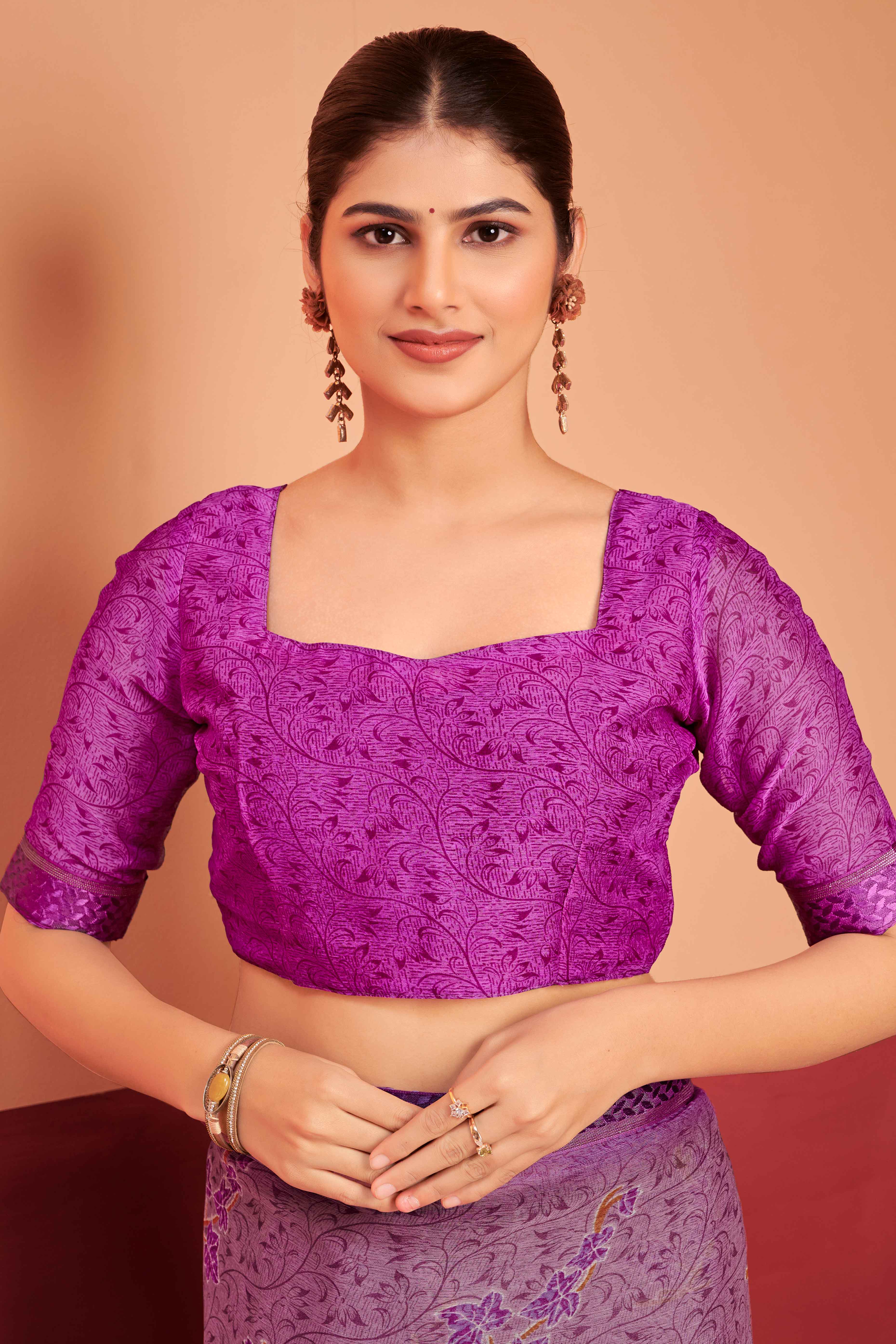 Purple Chiffon Saree Featuring Delicate Floral Prints & A Graceful Lace Border