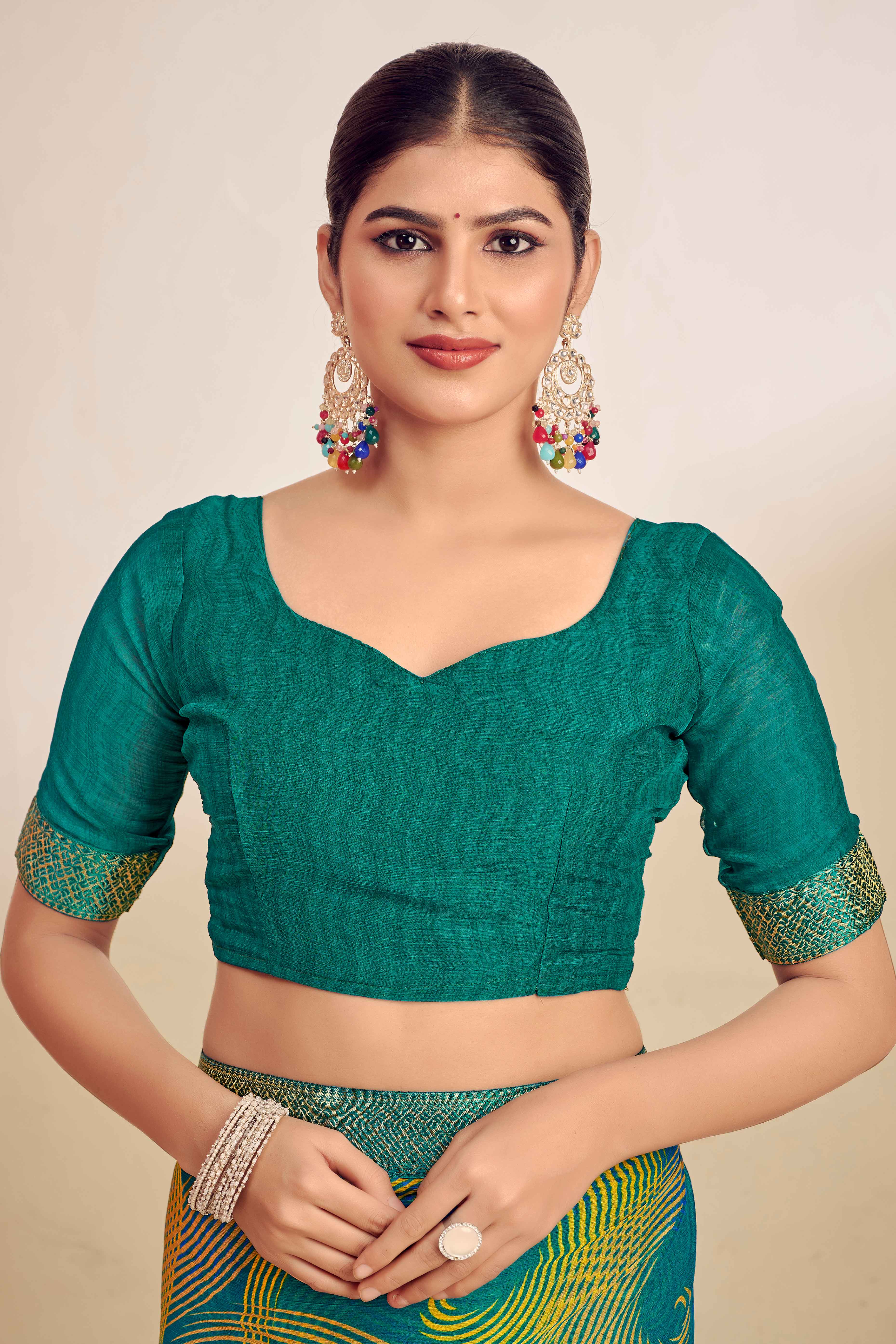 Teal Green Chiffon Saree Adorned With Artistic Print & Finely Crafted Woven Lace Border