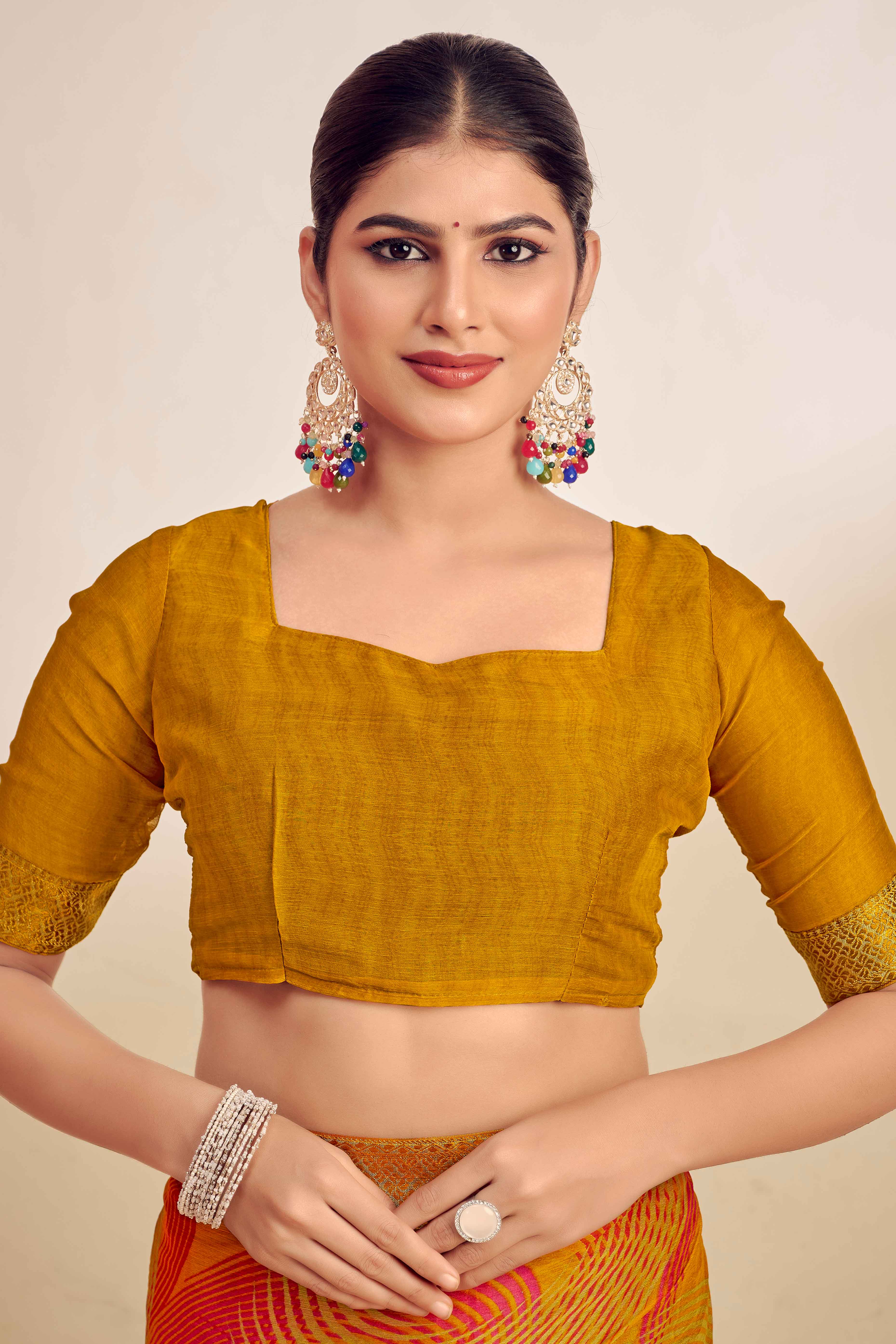 Mustard Chiffon Saree Adorned With Artistic Print & Finely Crafted Woven Lace Border