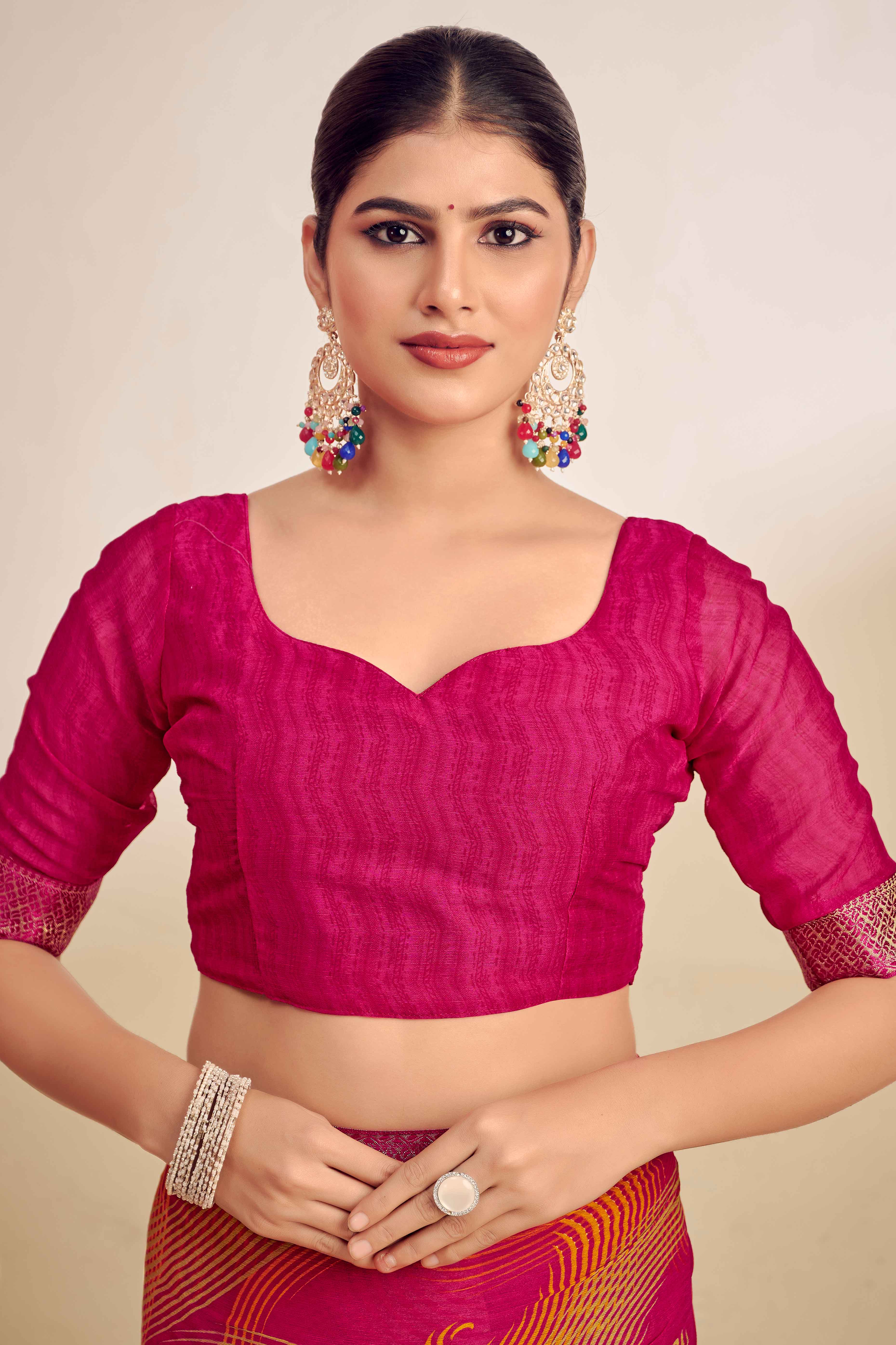 Rose pink Chiffon Saree Adorned With Artistic Print & Finely Crafted Woven Lace Border
