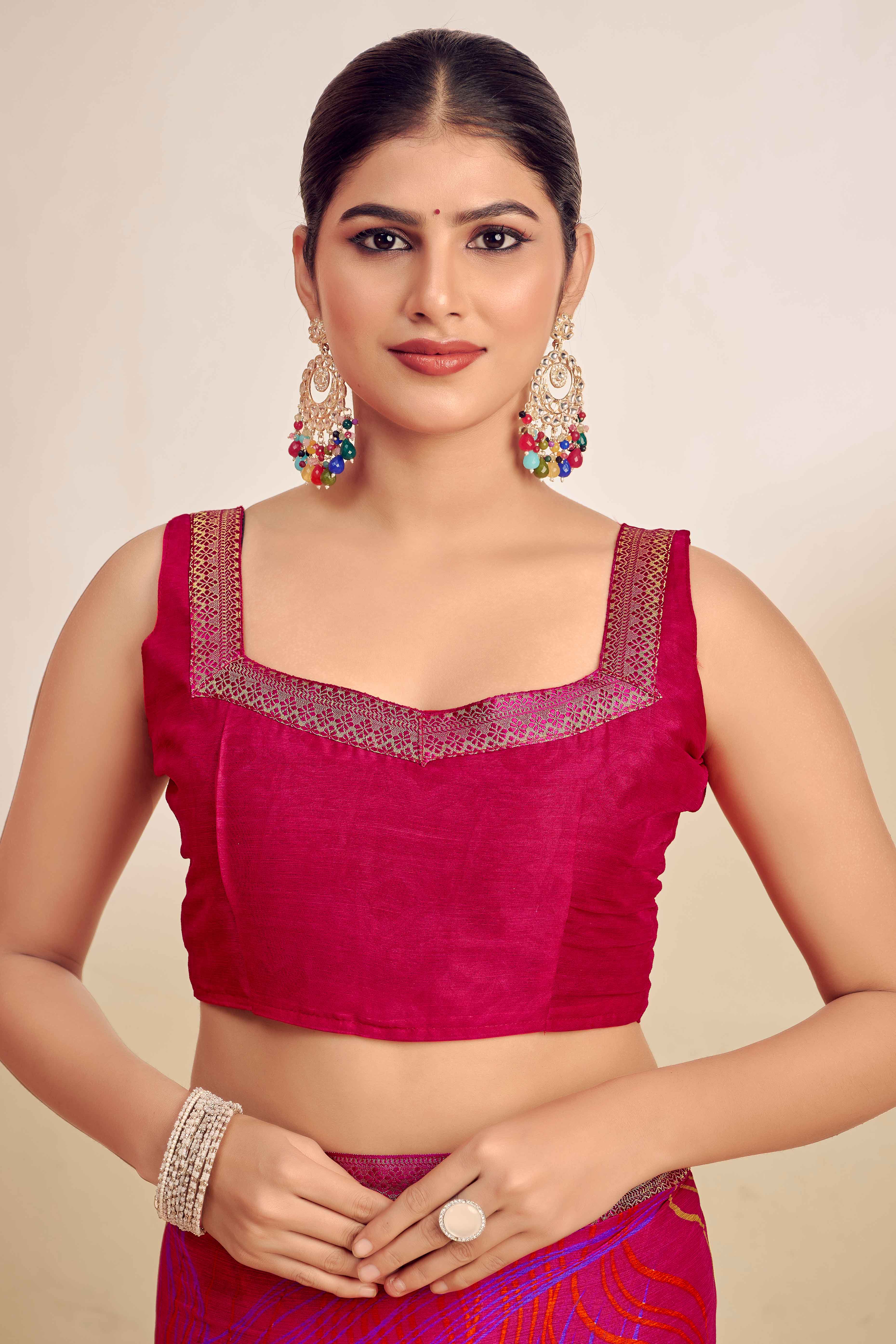 Magenta Chiffon Saree Adorned With Artistic Print & Finely Crafted Woven Lace Border