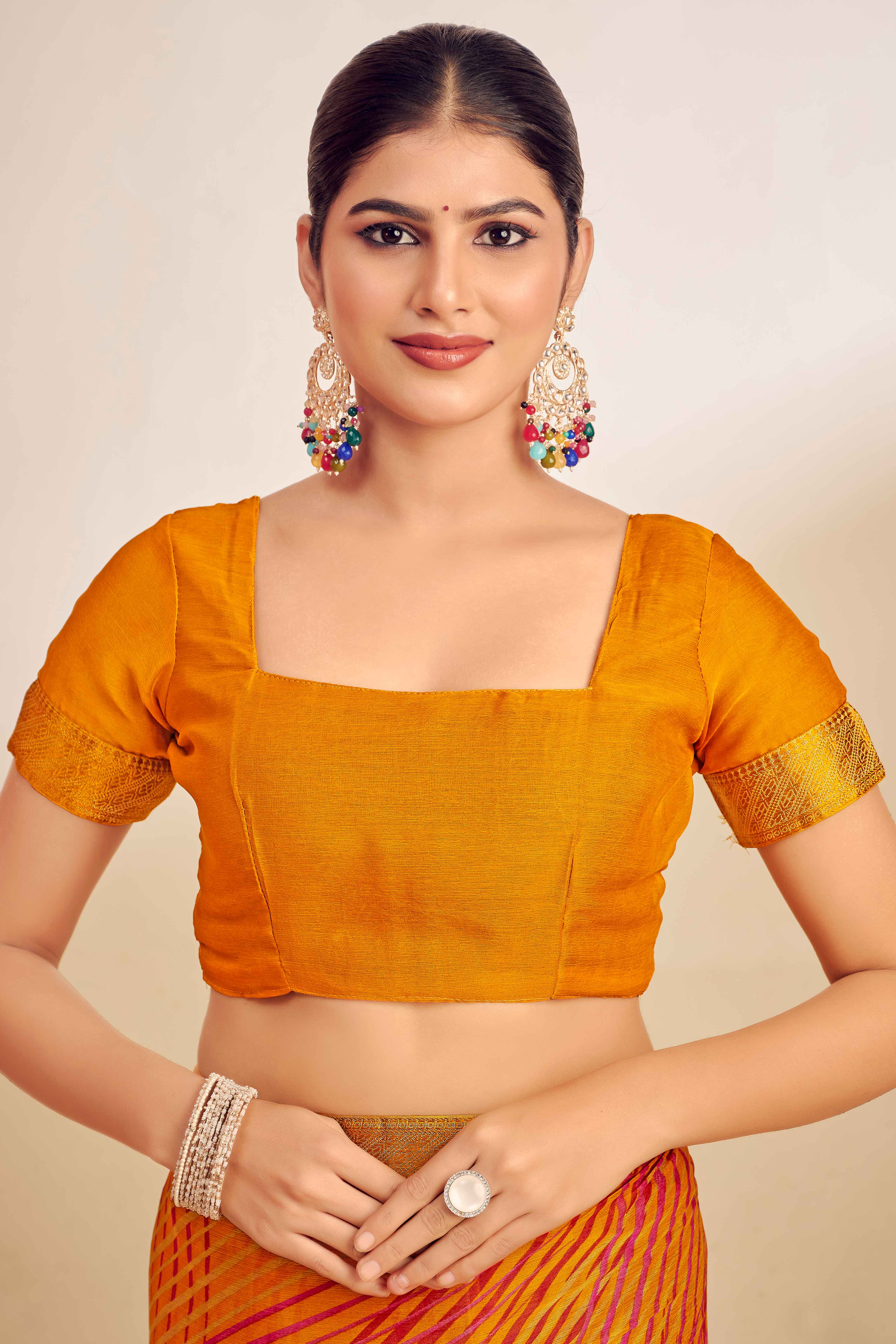 Mustard Chiffon Saree Adorned With Artistic Print & Finely Crafted Woven Lace Border