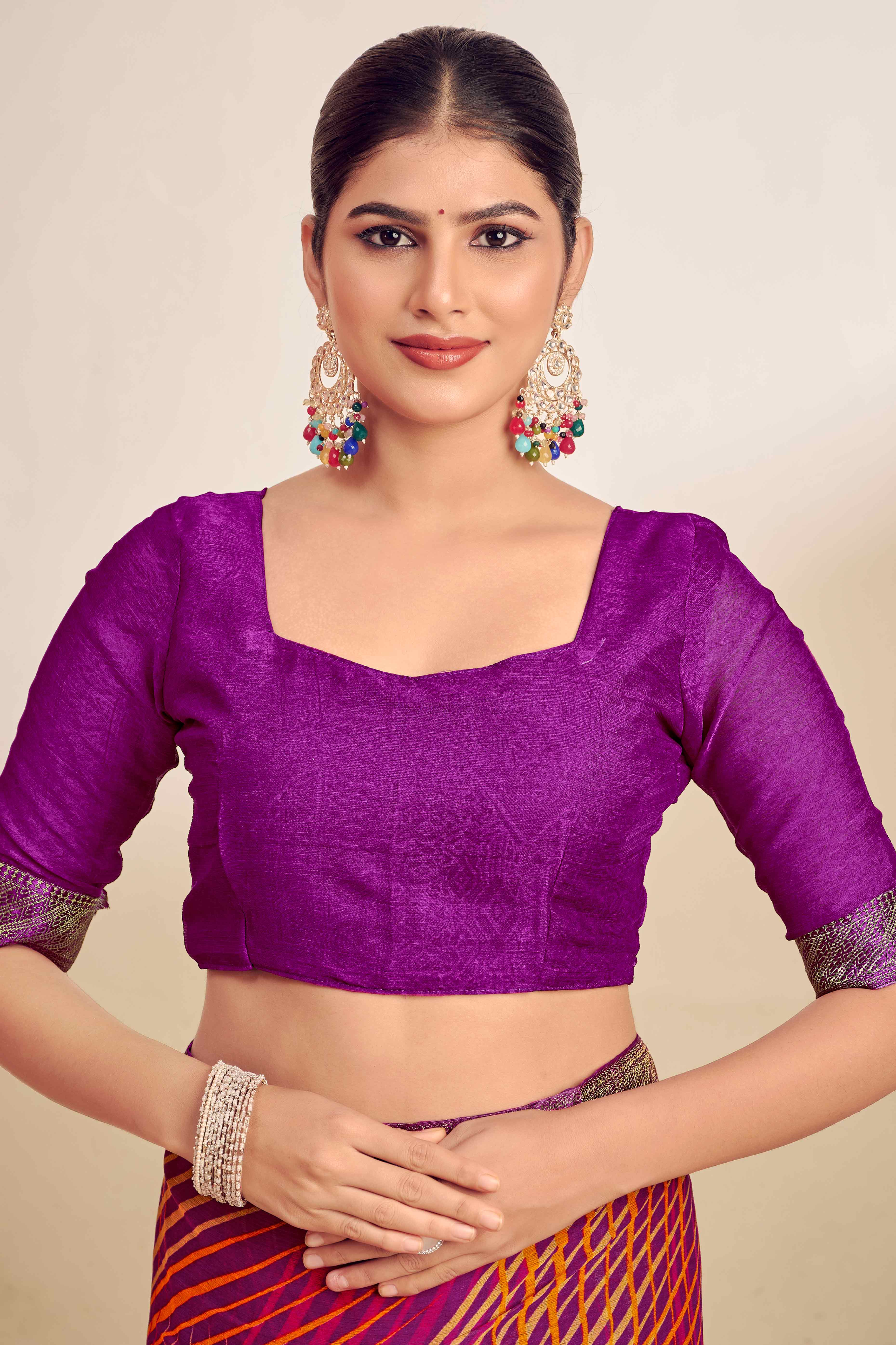 Purple Chiffon Saree Adorned With Artistic Print & Finely Crafted Woven Lace Border