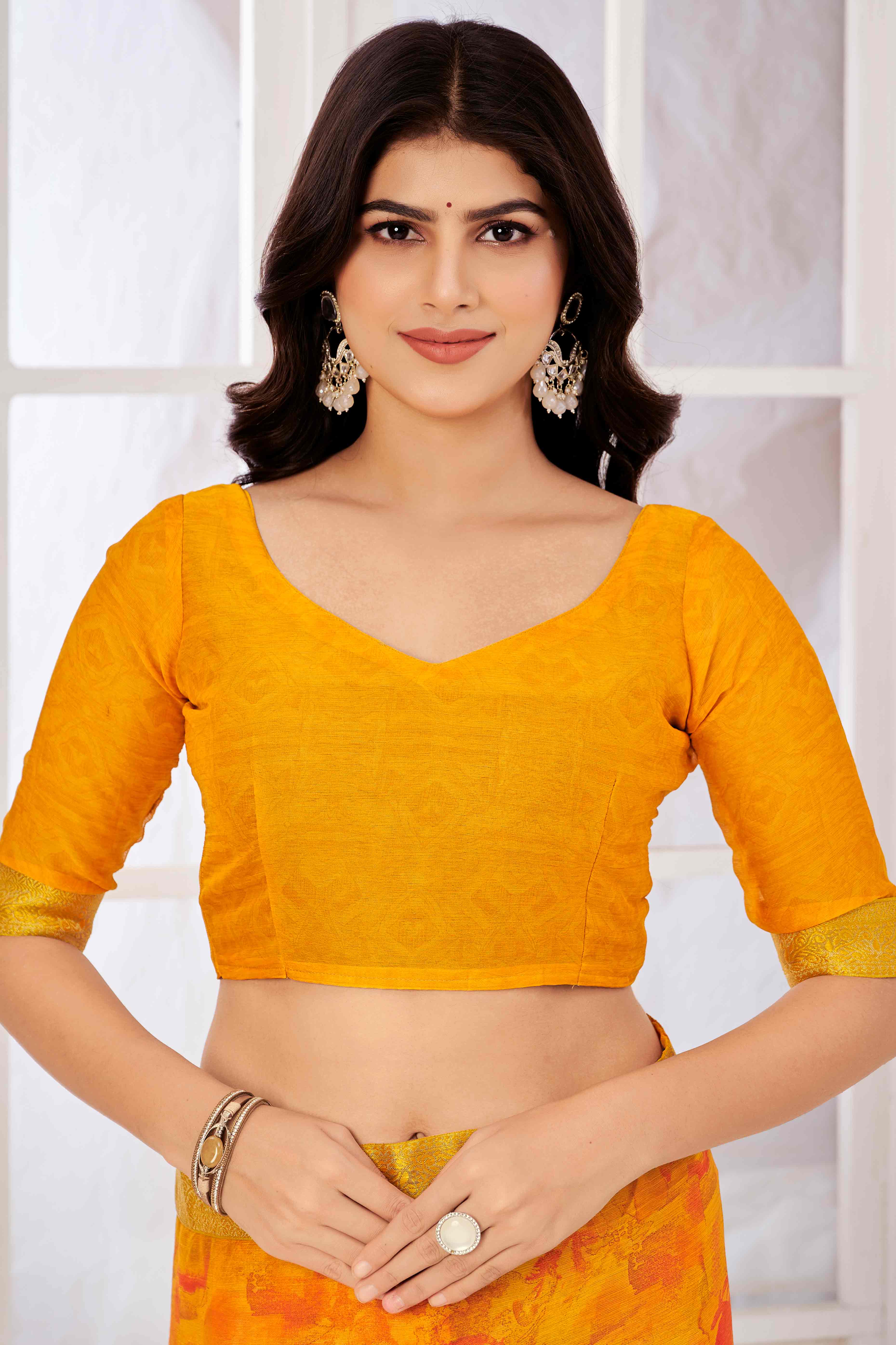 Mustard Chiffon Saree with Tie-Dye Abstract Print & Lace Work With Lace Work