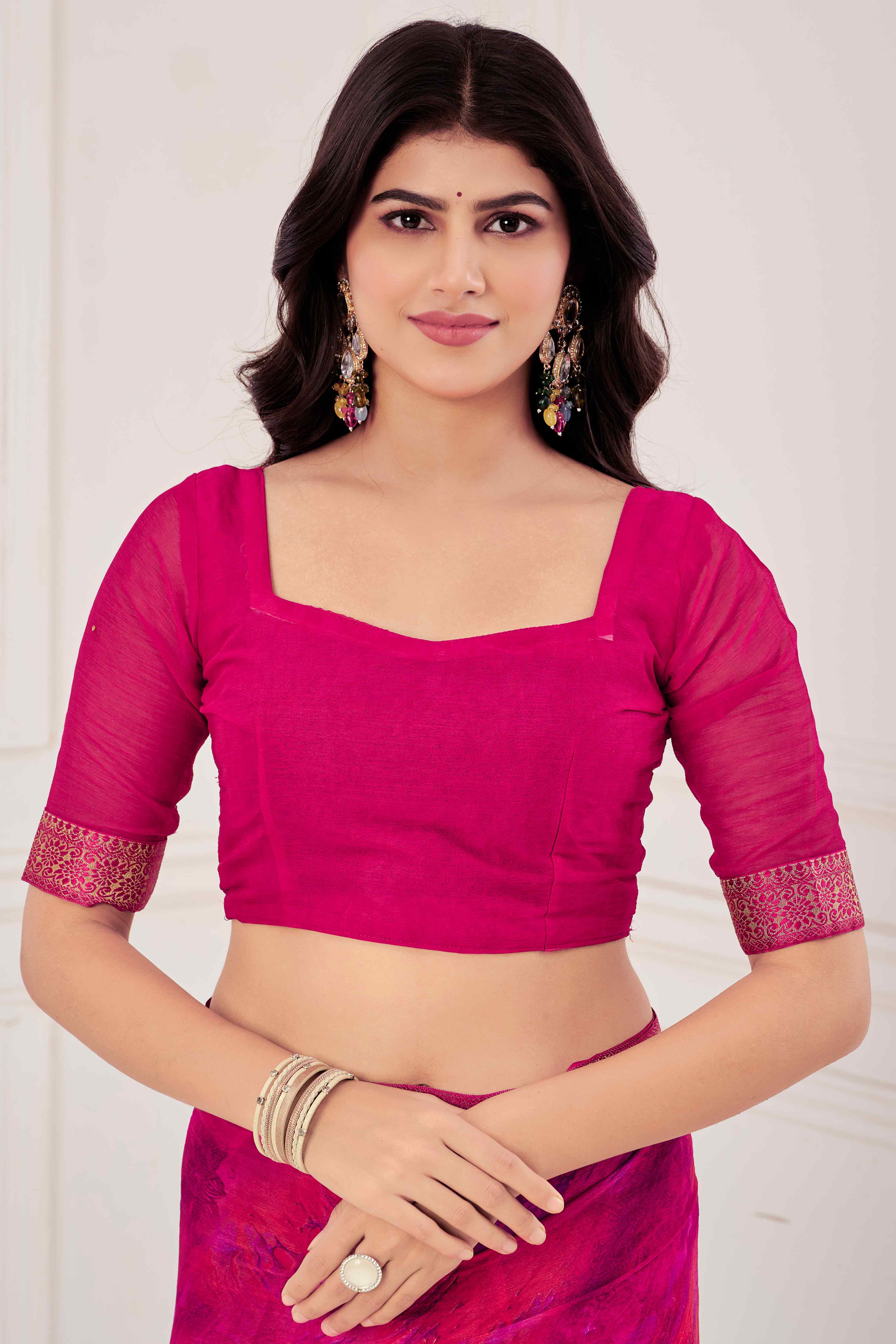 Magenta Chiffon Saree with Tie-Dye Abstract Print & Lace Work With Lace Work