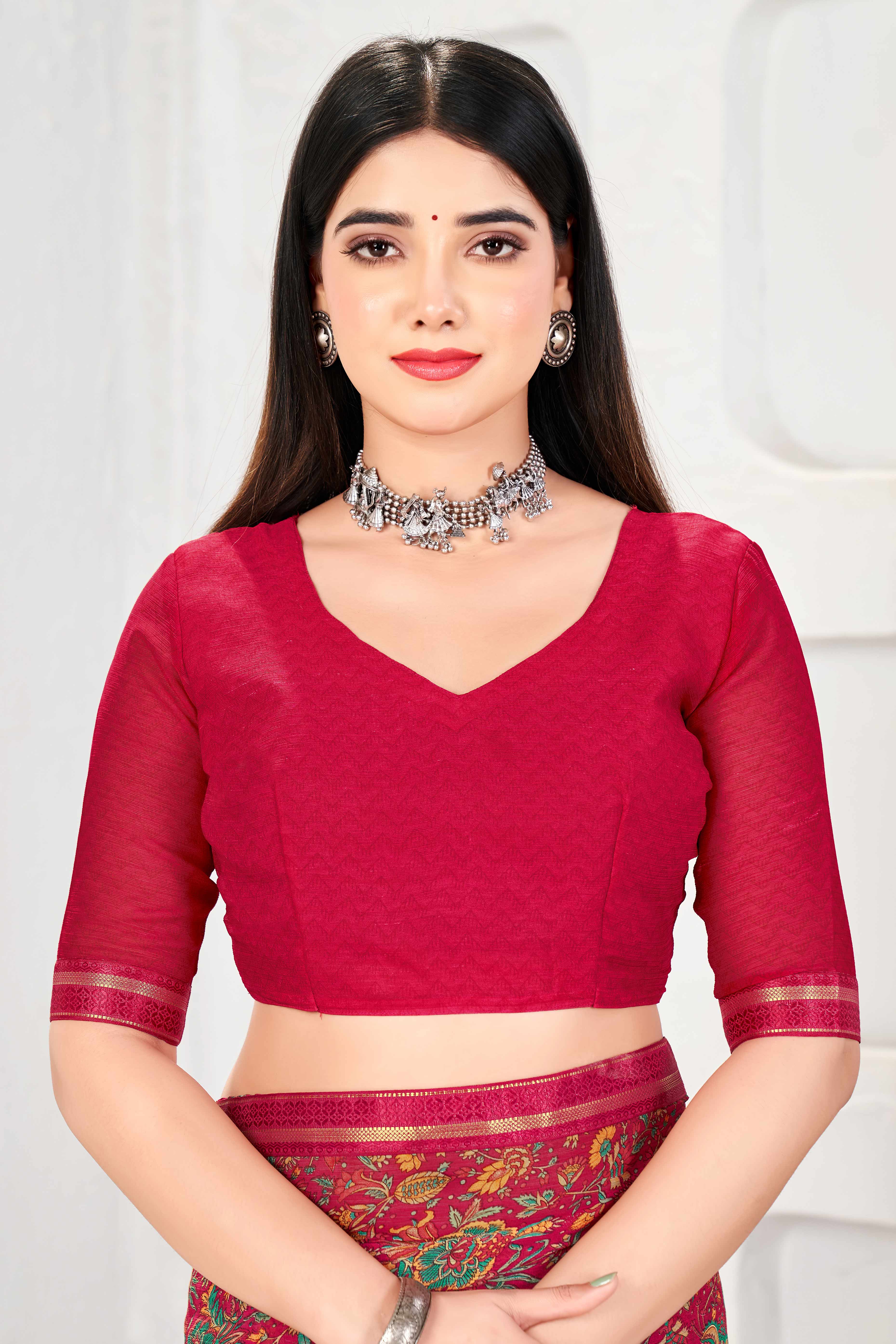 Elegant Floral Printed Chiffon Saree In Reddish Pink With Delicate Lace Border