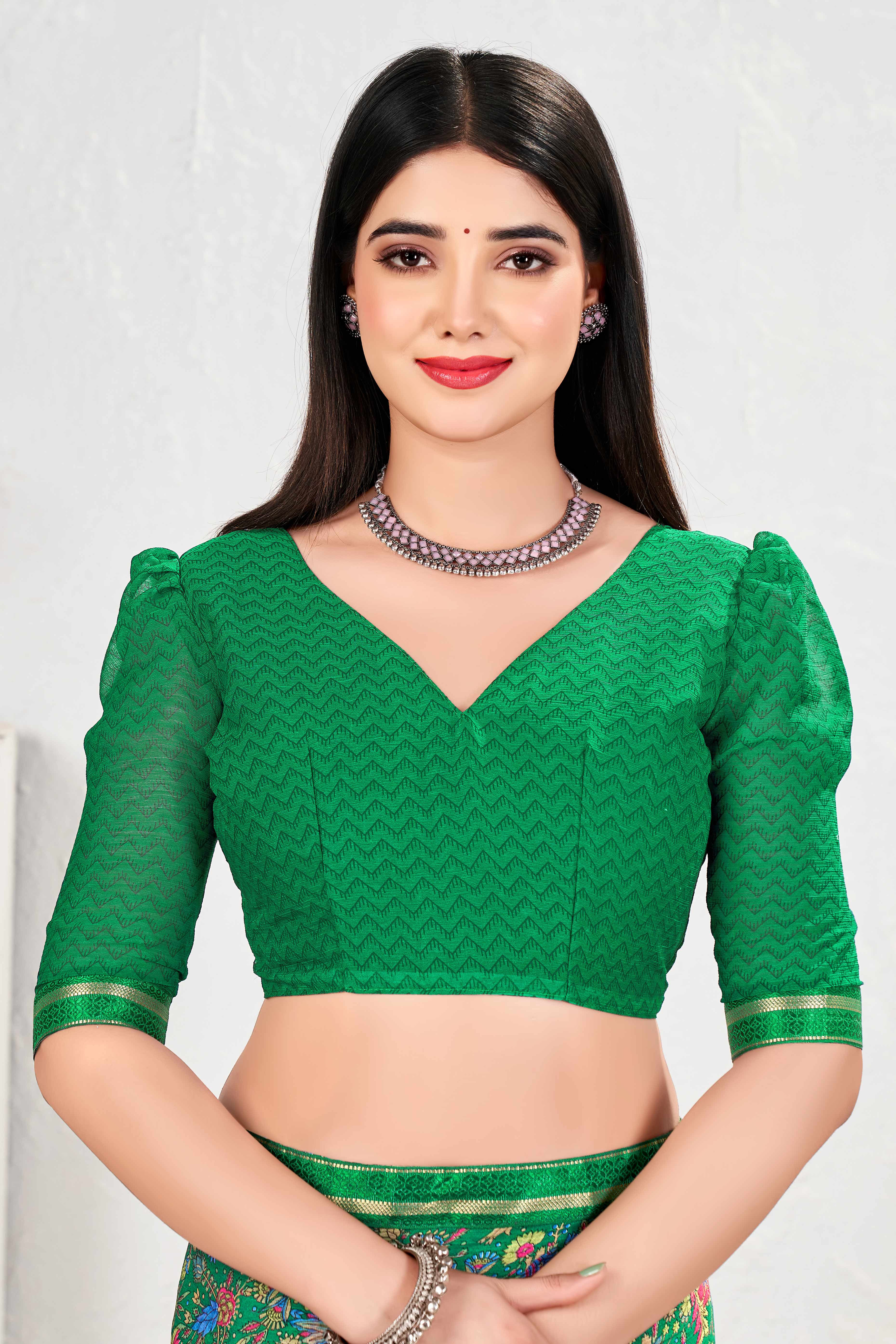 Majestic Floral Printed Chiffon Saree In Green With Delicate Lace Border