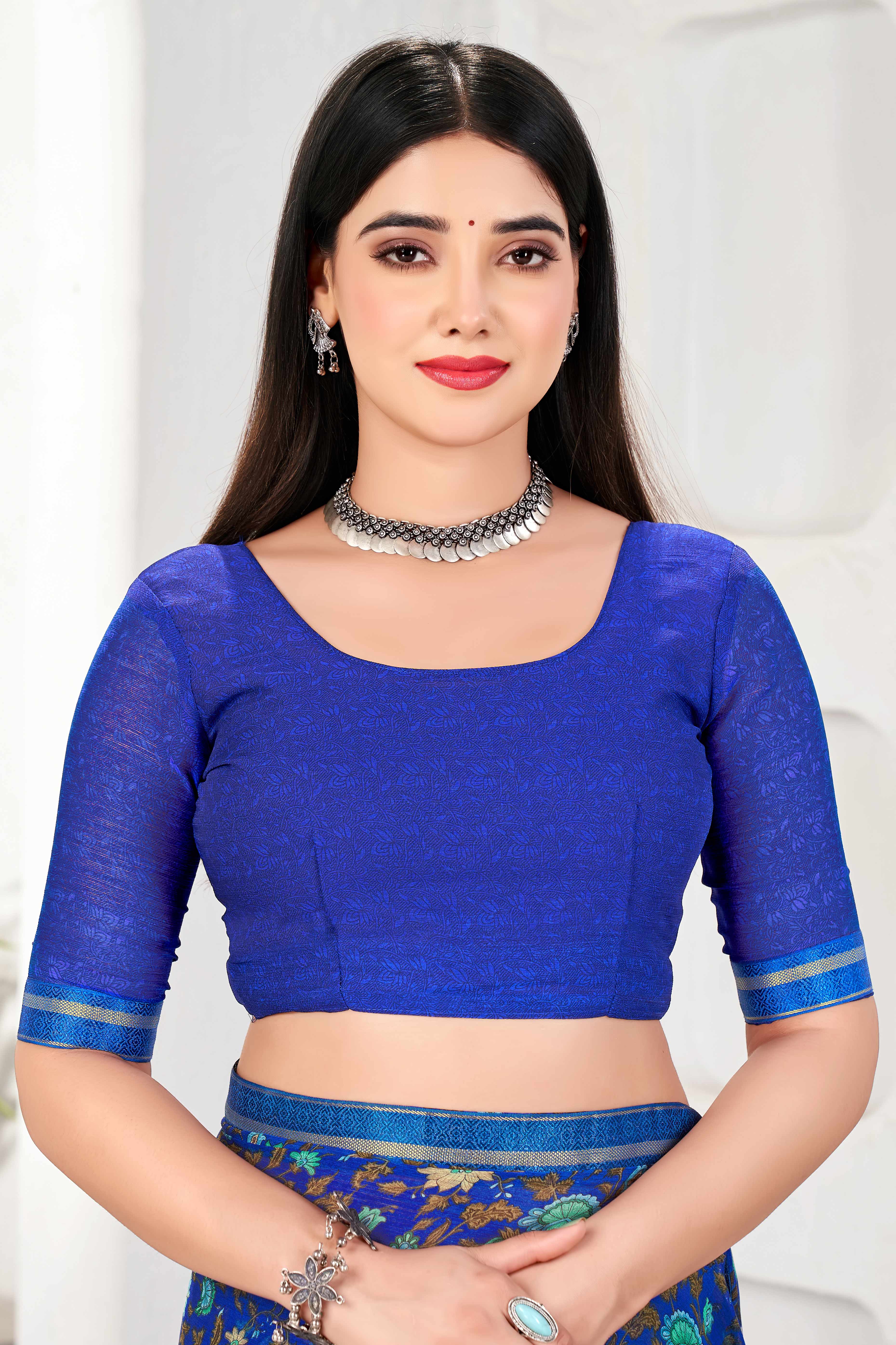 Sophisticated Floral Printed Chiffon Saree In Blue With Delicate Lace Border