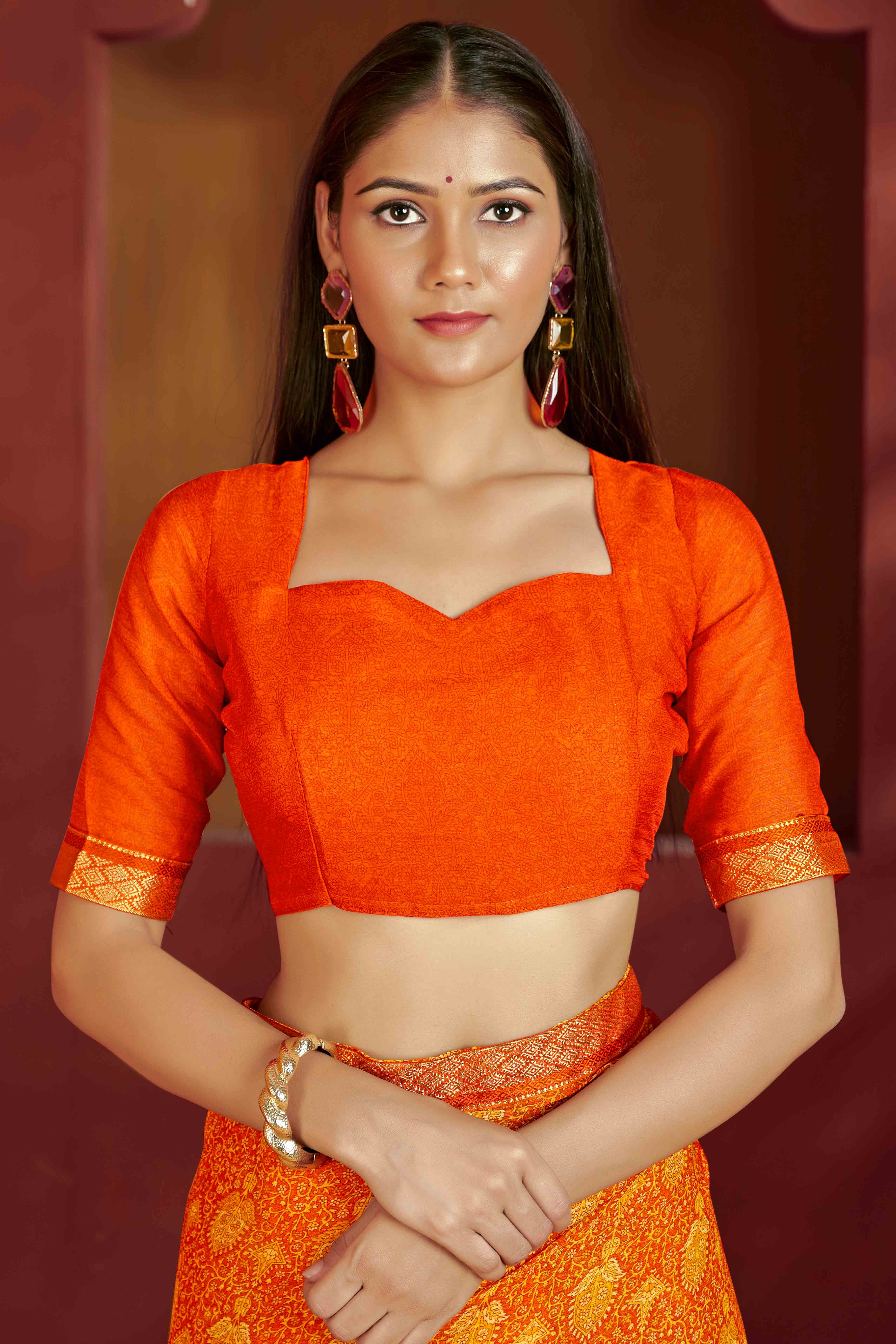 Floral Printed Chiffon Saree in Orange with Elegant Lace Work for Casual Occasions