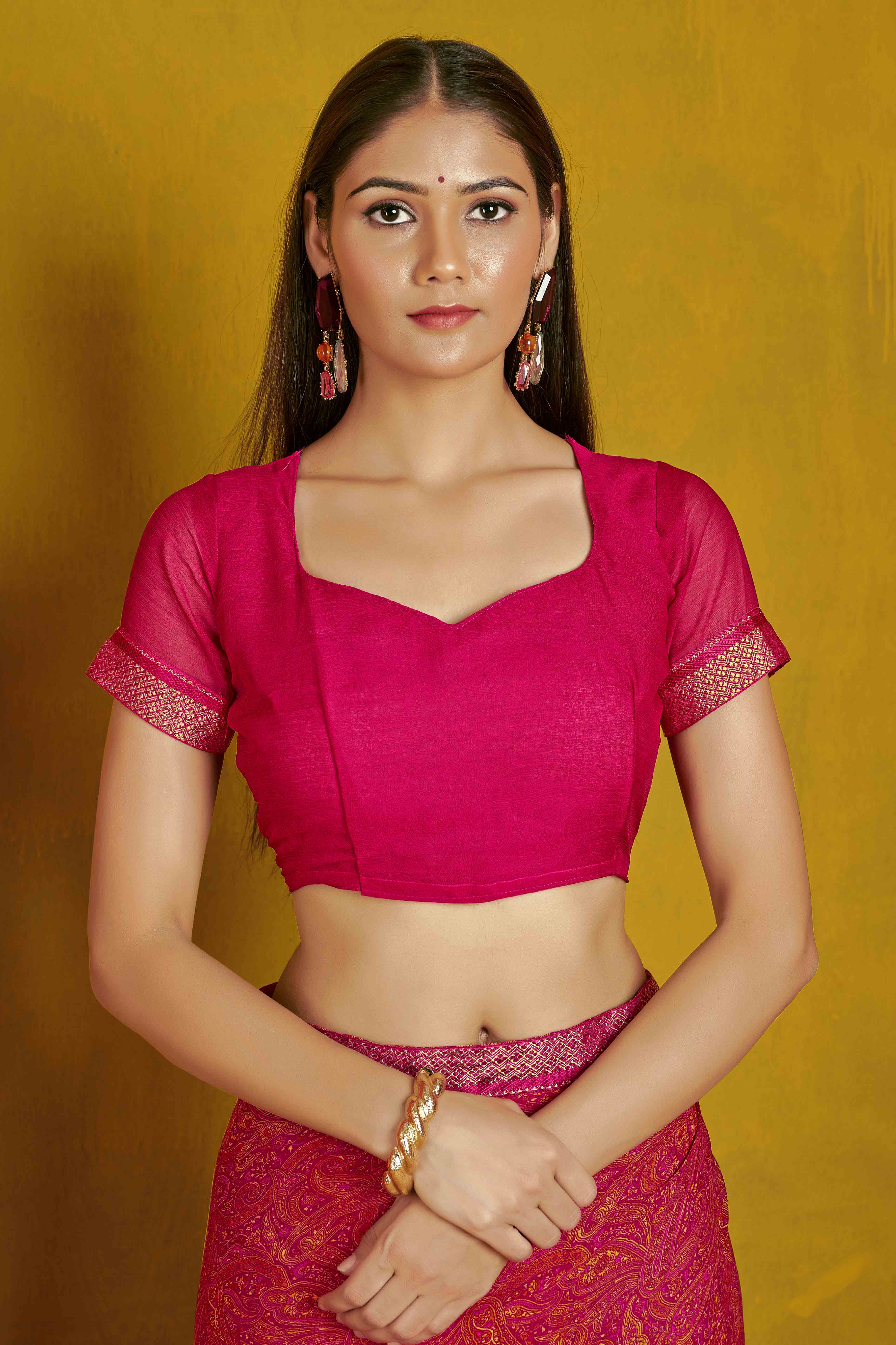 Floral Printed Chiffon Saree in Deep Pink with Elegant Lace Work for Casual Occasions