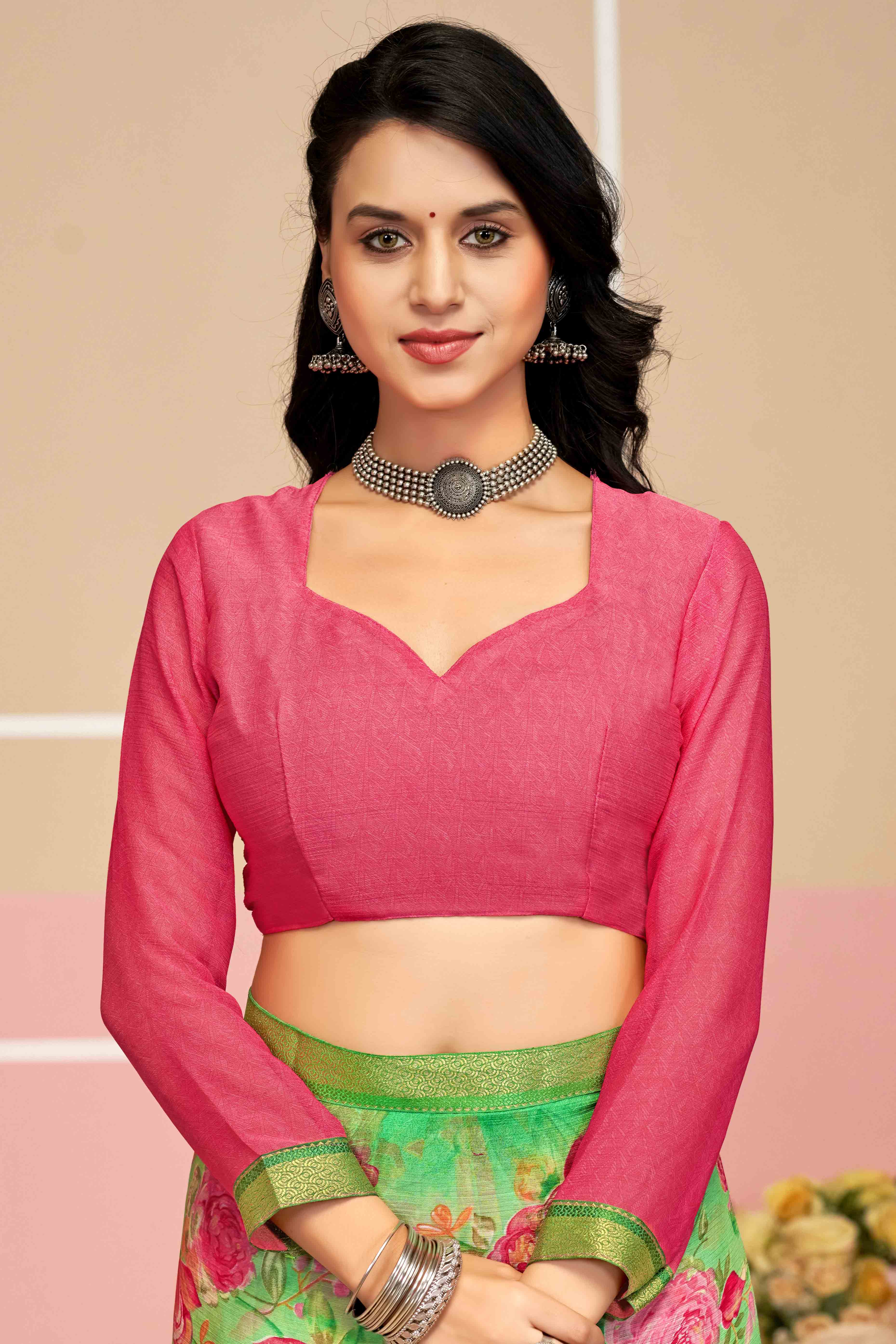 Stunning Floral Printed Chiffon Saree In Green with Delicate Woven Lace Border