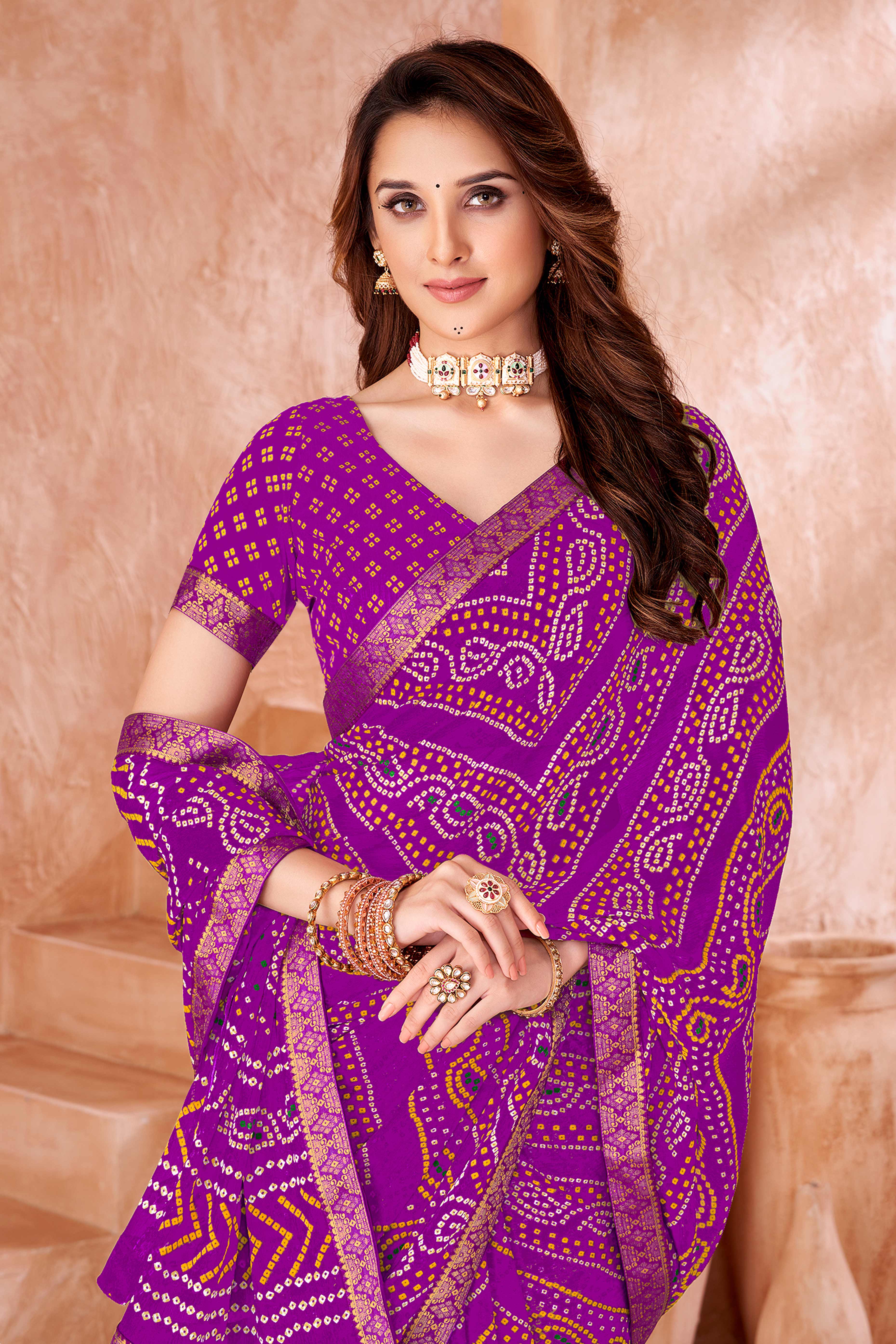 Purple Chiffon Saree Featuring Traditional Bandhani Prints & A Graceful Lace Edge