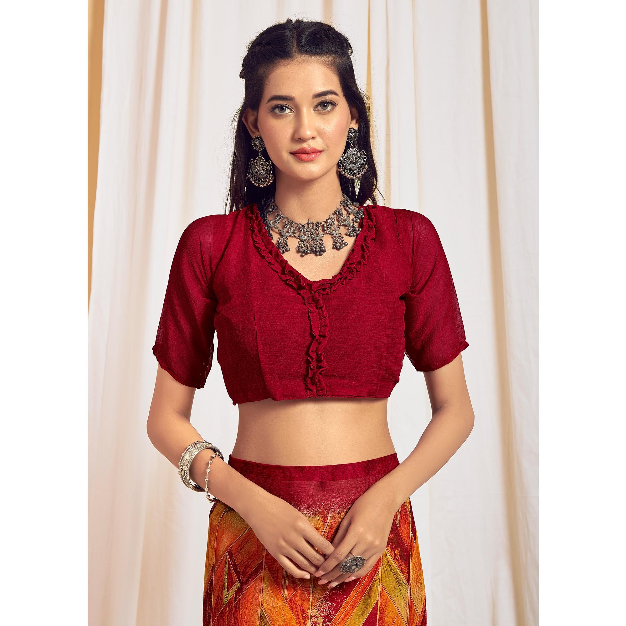 Orange & Red Printed Chiffon Saree