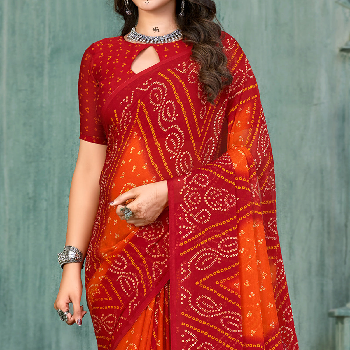 Red & Orange Bandhani Printed Chiffon Saree