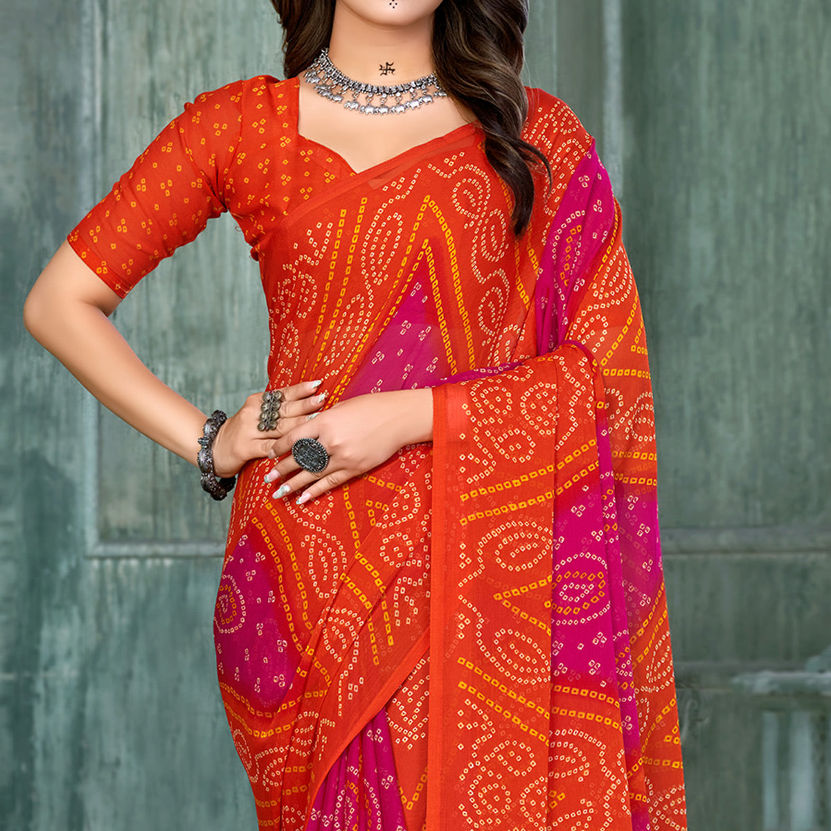 Orange & Magenta Bandhani Printed Chiffon Saree