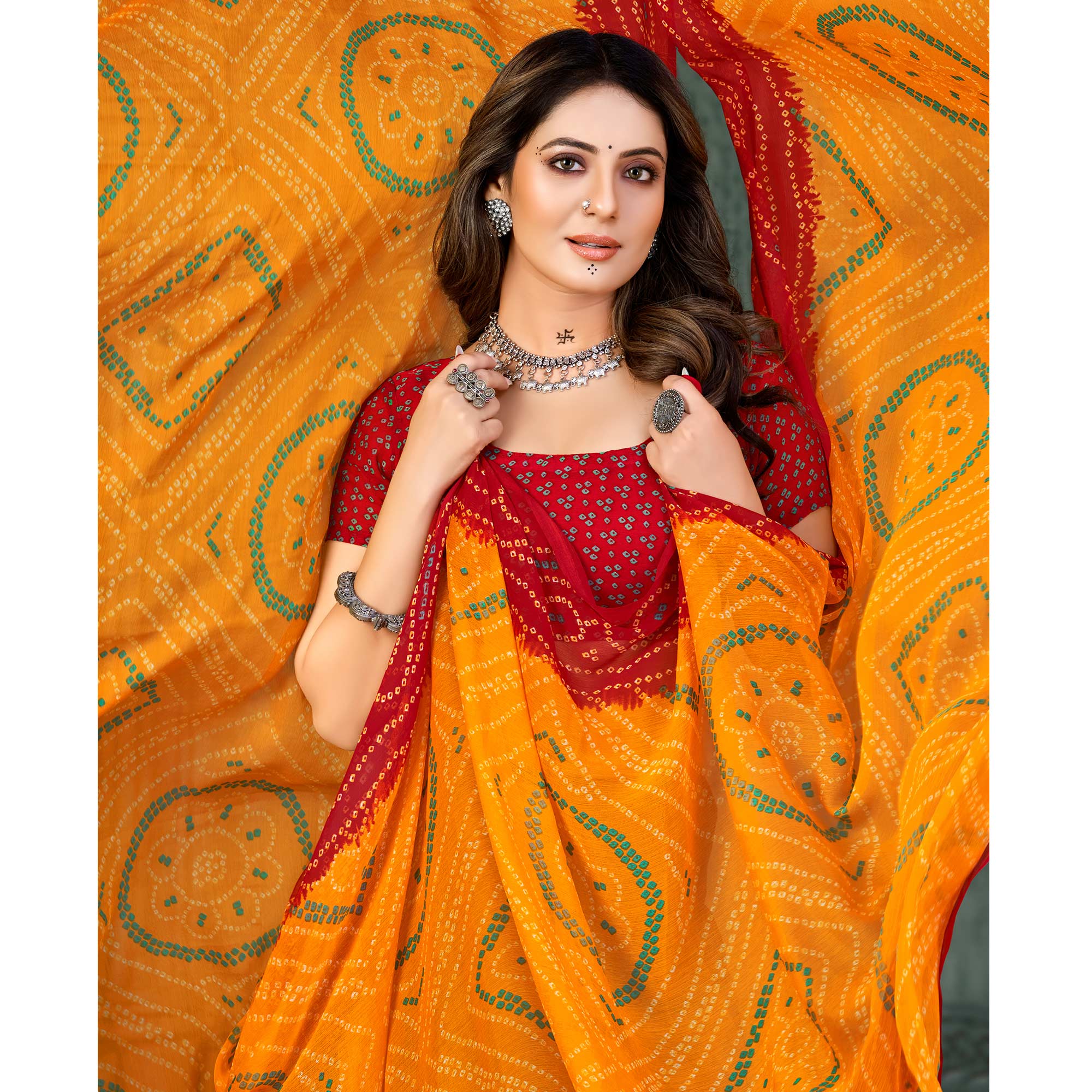 Yellow & Red Bandhani Printed Chiffon Saree