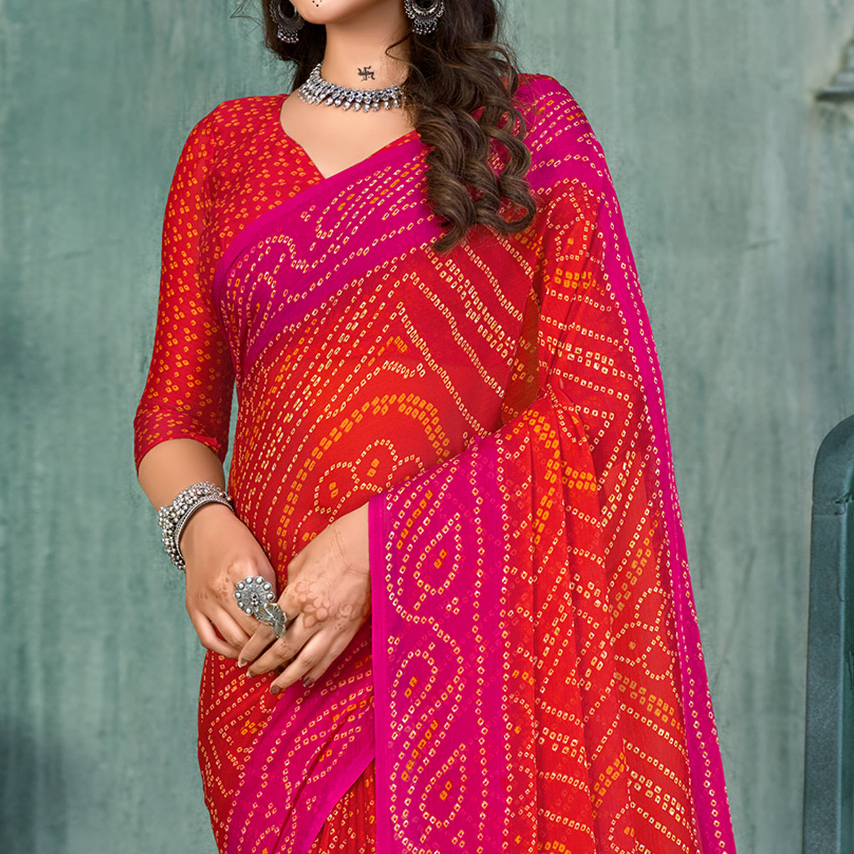 Red & Rani pink Bandhani Printed Chiffon Saree