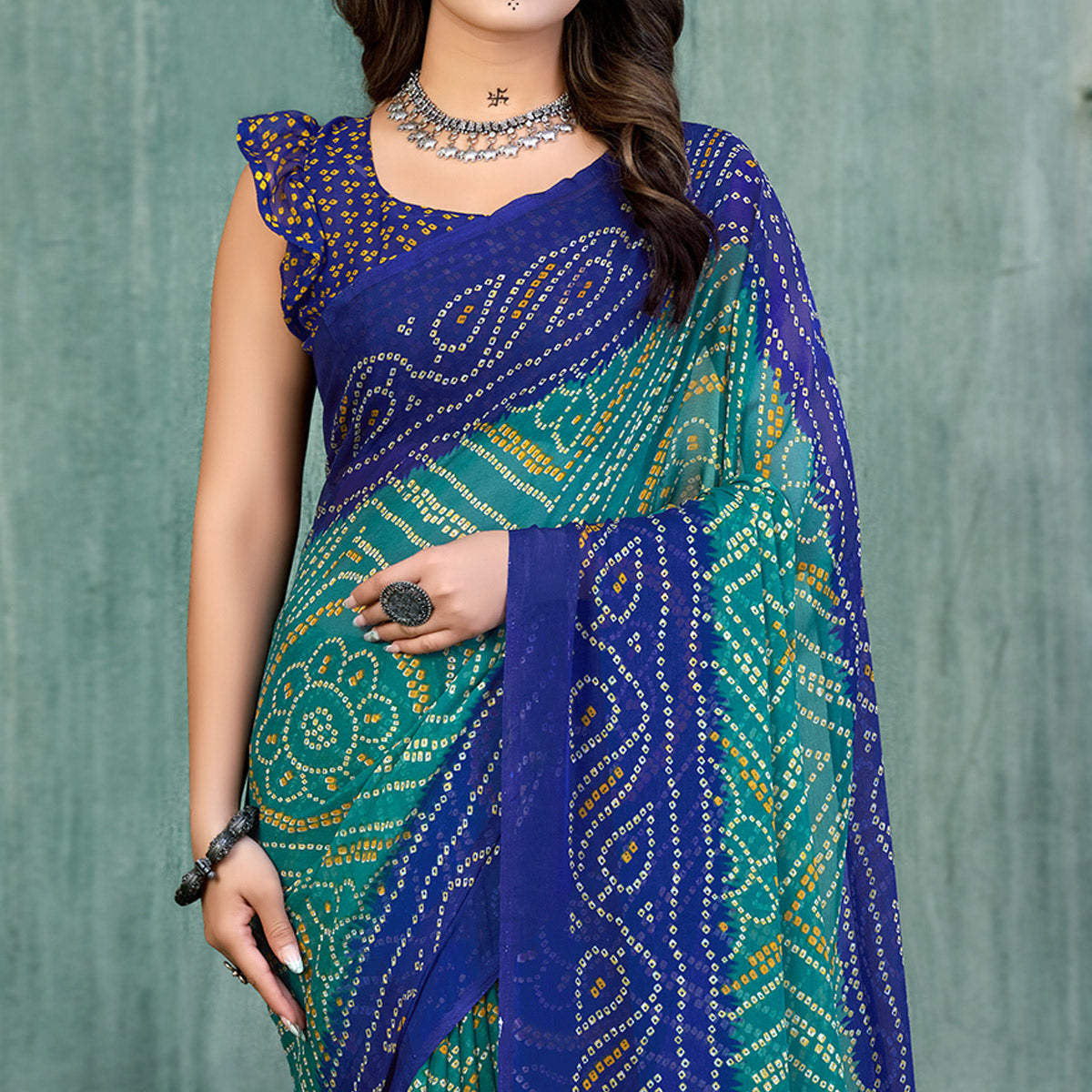 Teal & Blue Bandhani Printed Chiffon Saree