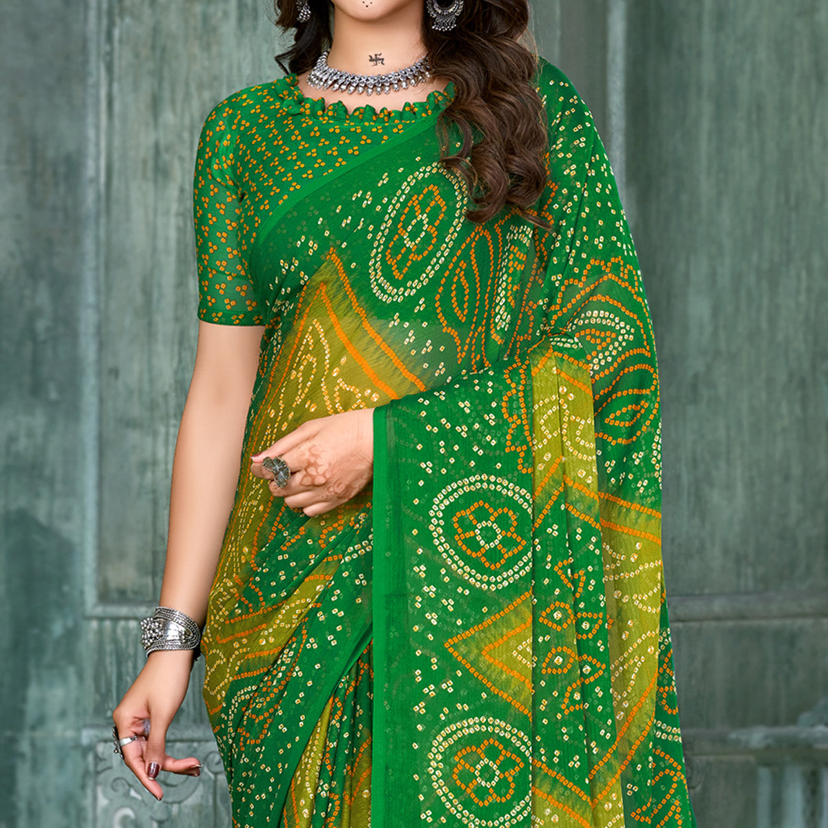 Green & Lemon Yellow Bandhani Printed Chiffon Saree