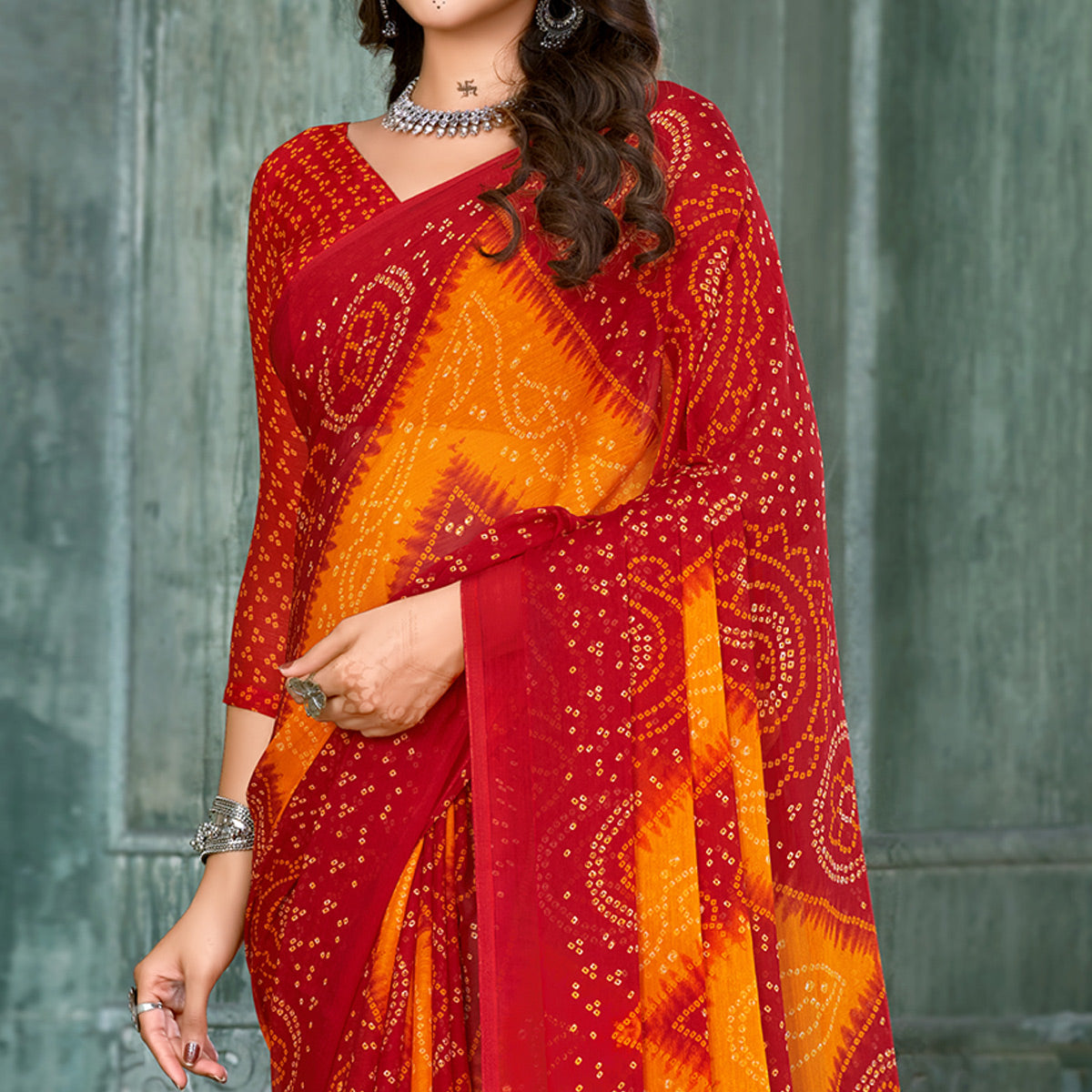 Red & Yellow Bandhani Printed Chiffon Saree