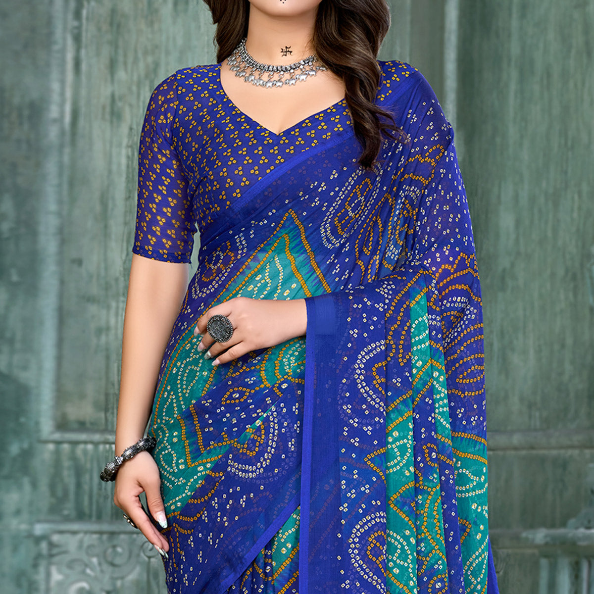 Blue & Teal Bandhani Printed Chiffon Saree