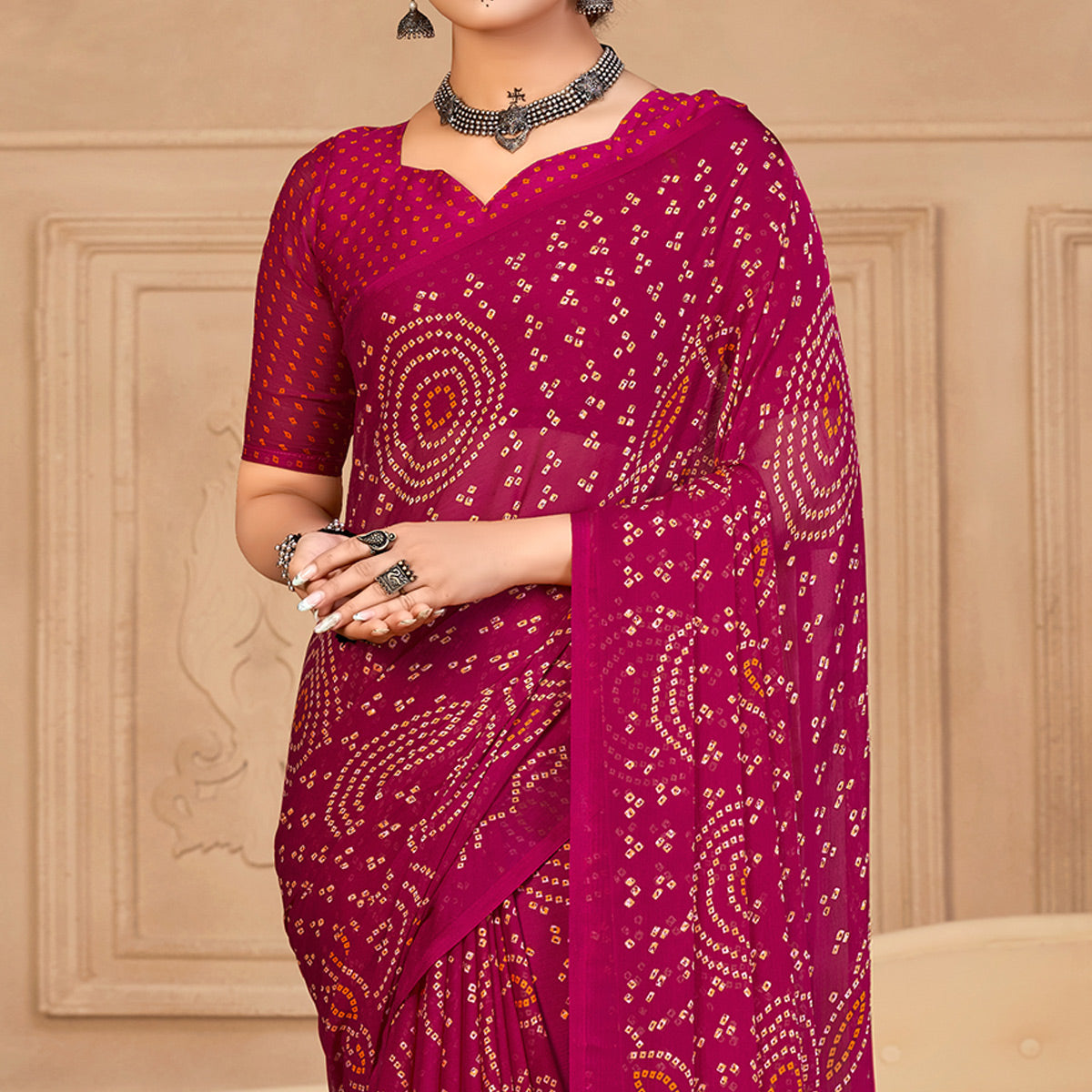 Magenta Bandhani Printed Chiffon Saree