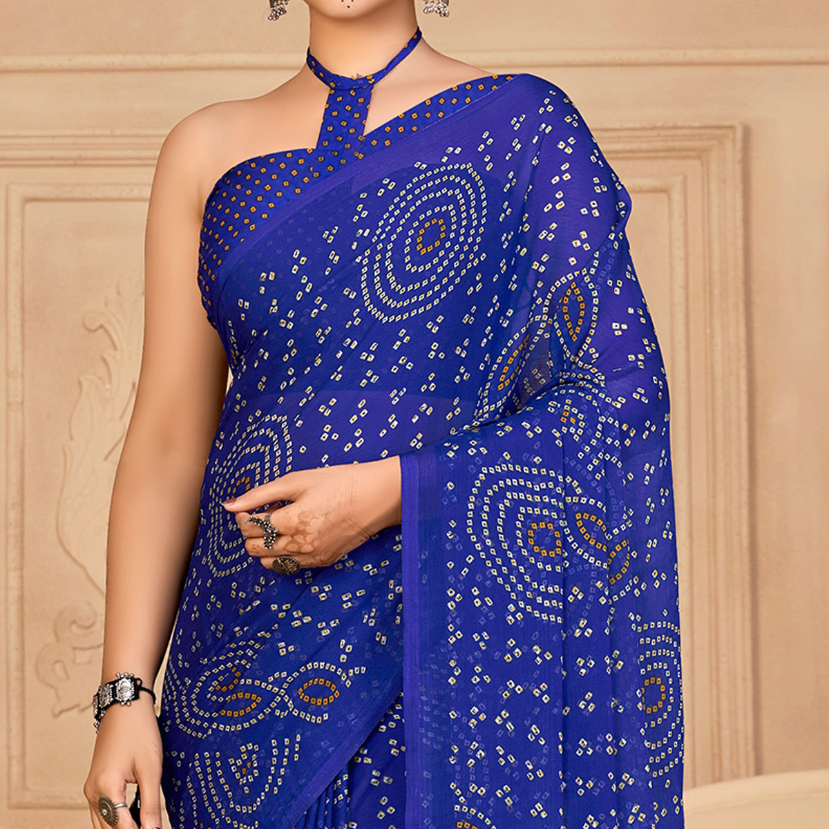 Blue Bandhani Printed Chiffon Saree