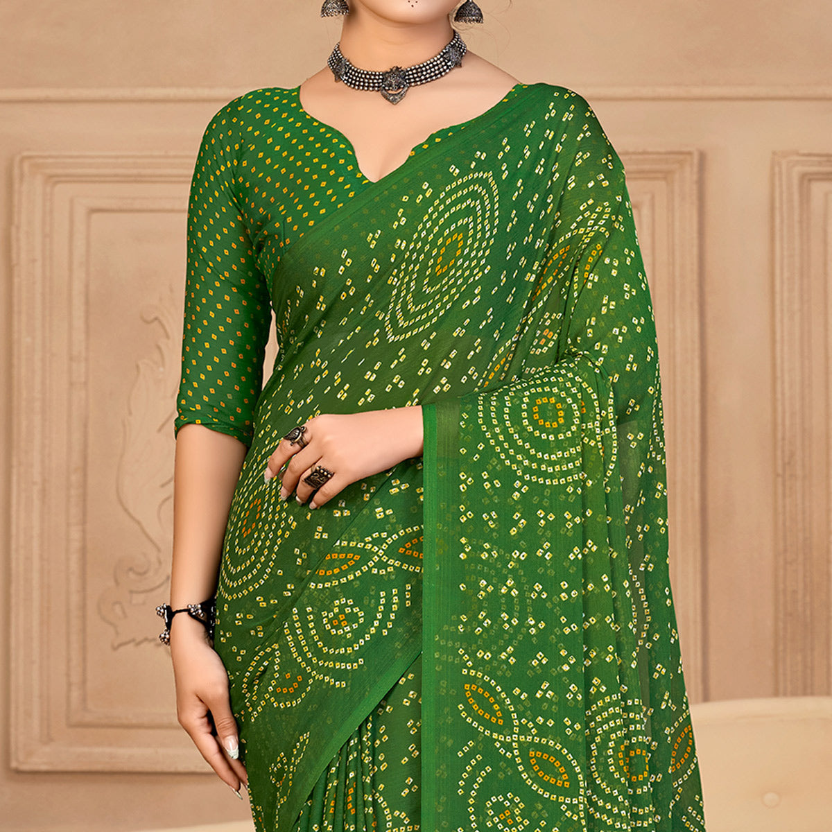 Green Bandhani Printed Chiffon Saree