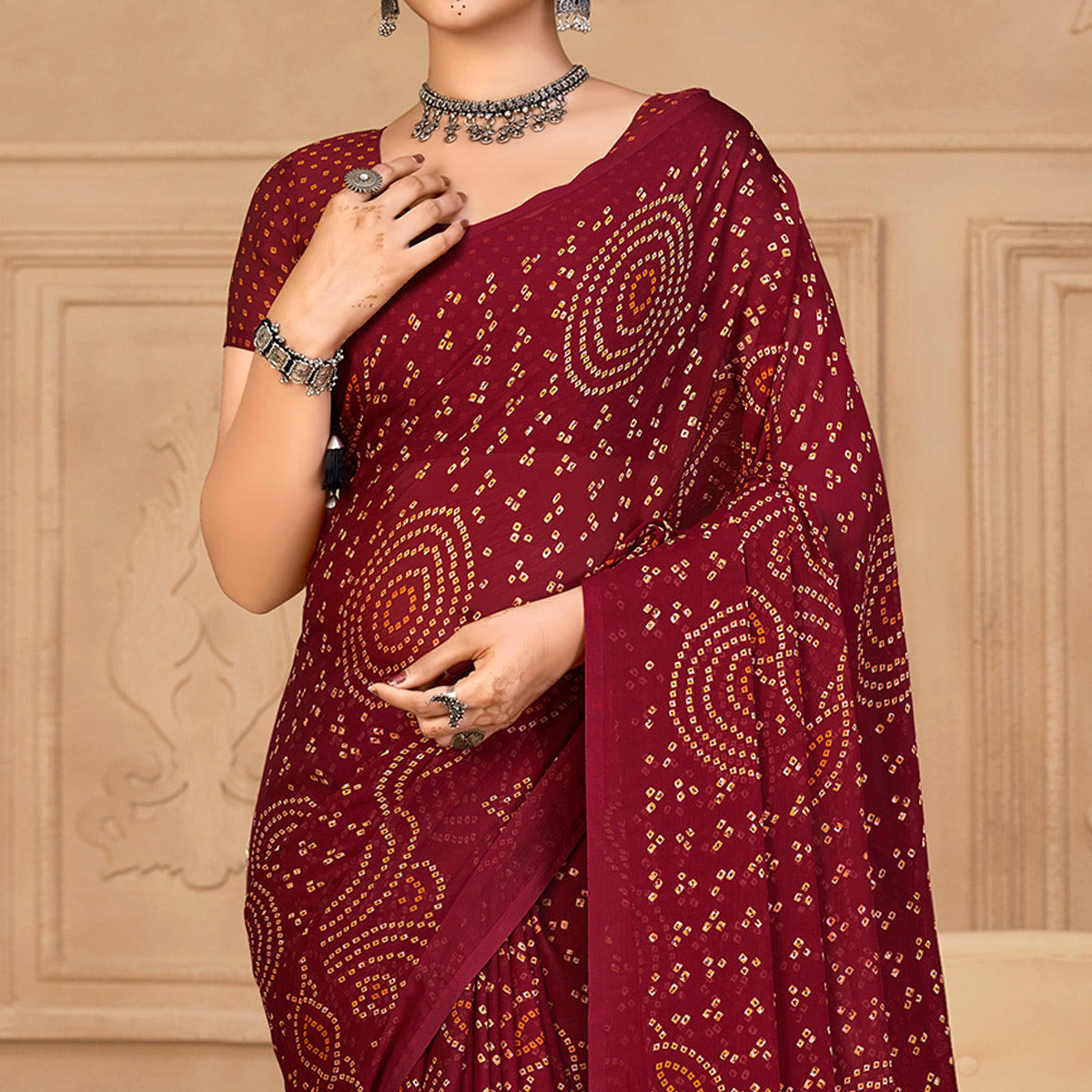 Maroon Bandhani Printed Chiffon Saree