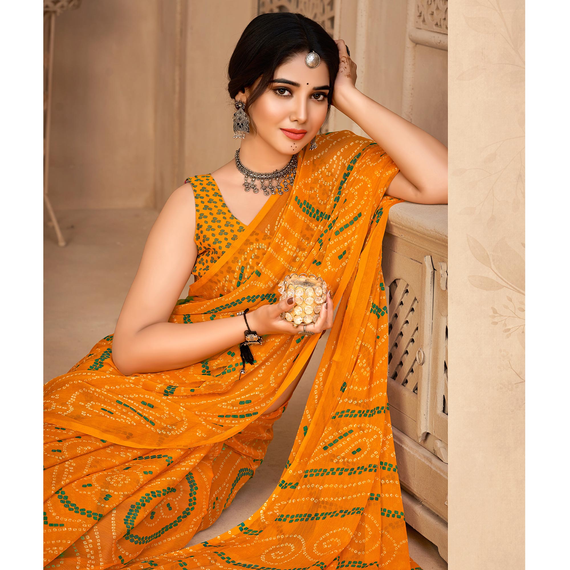 Yellow Bandhani Printed Chiffon Saree