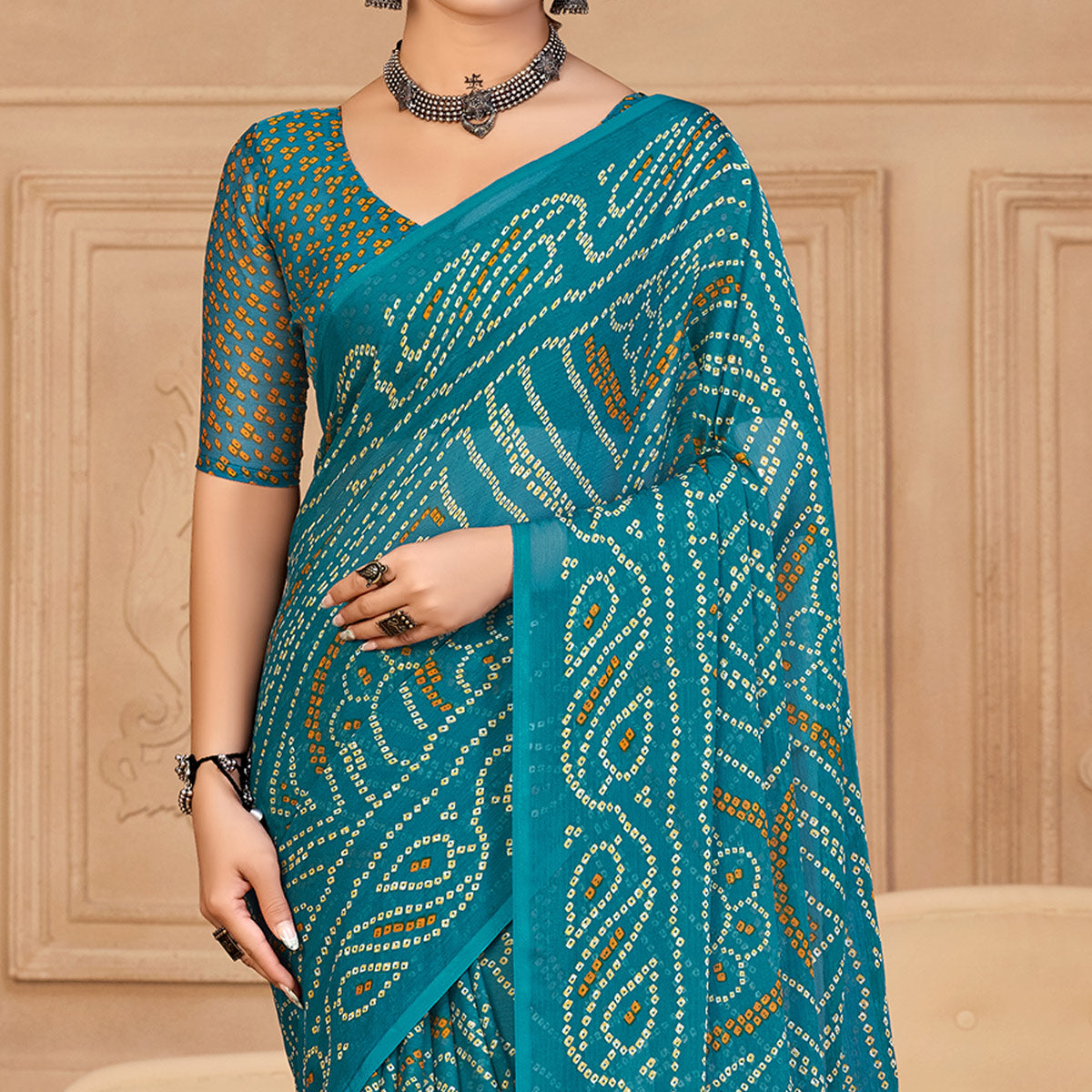 Rama Blue Bandhani Printed Chiffon Saree