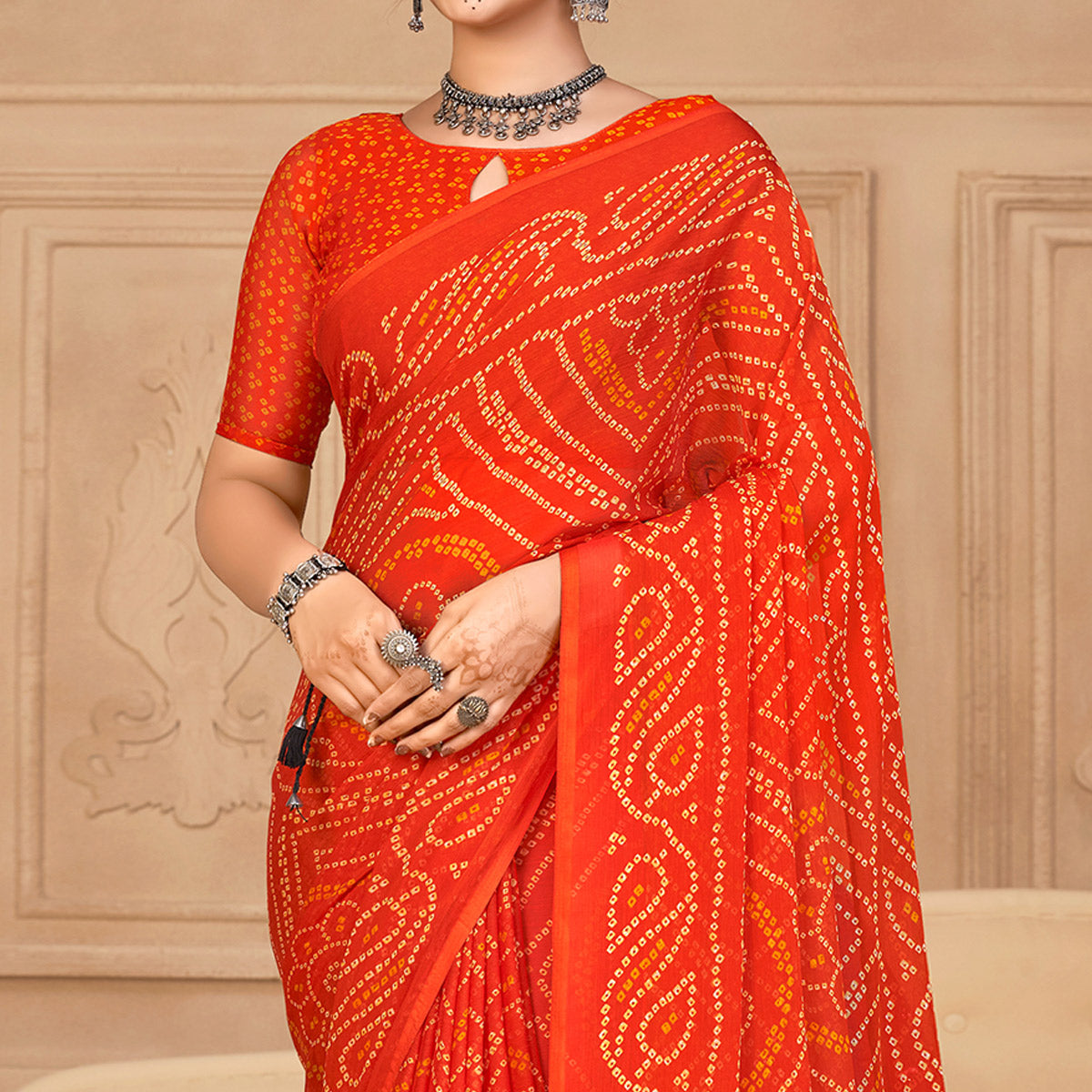 Orange Bandhani Printed Chiffon Saree