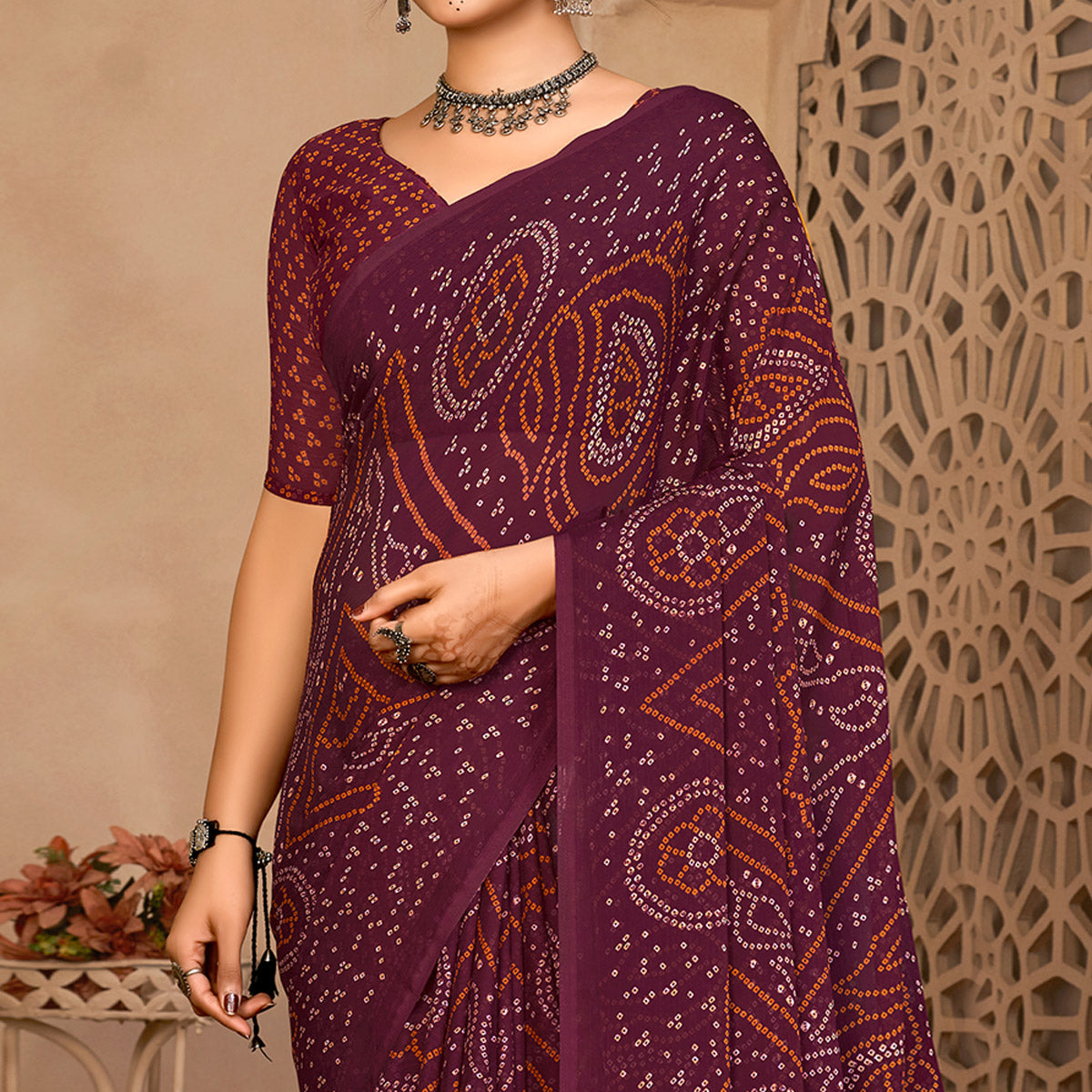 Wine Bandhani Printed Chiffon Saree