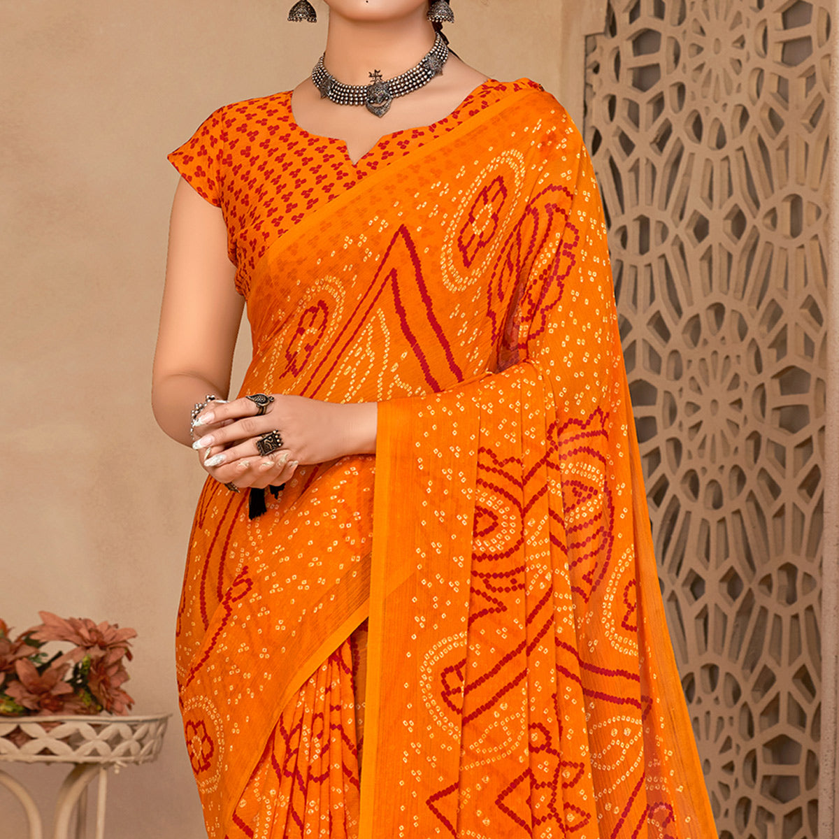 Mustard Bandhani Printed Chiffon Saree