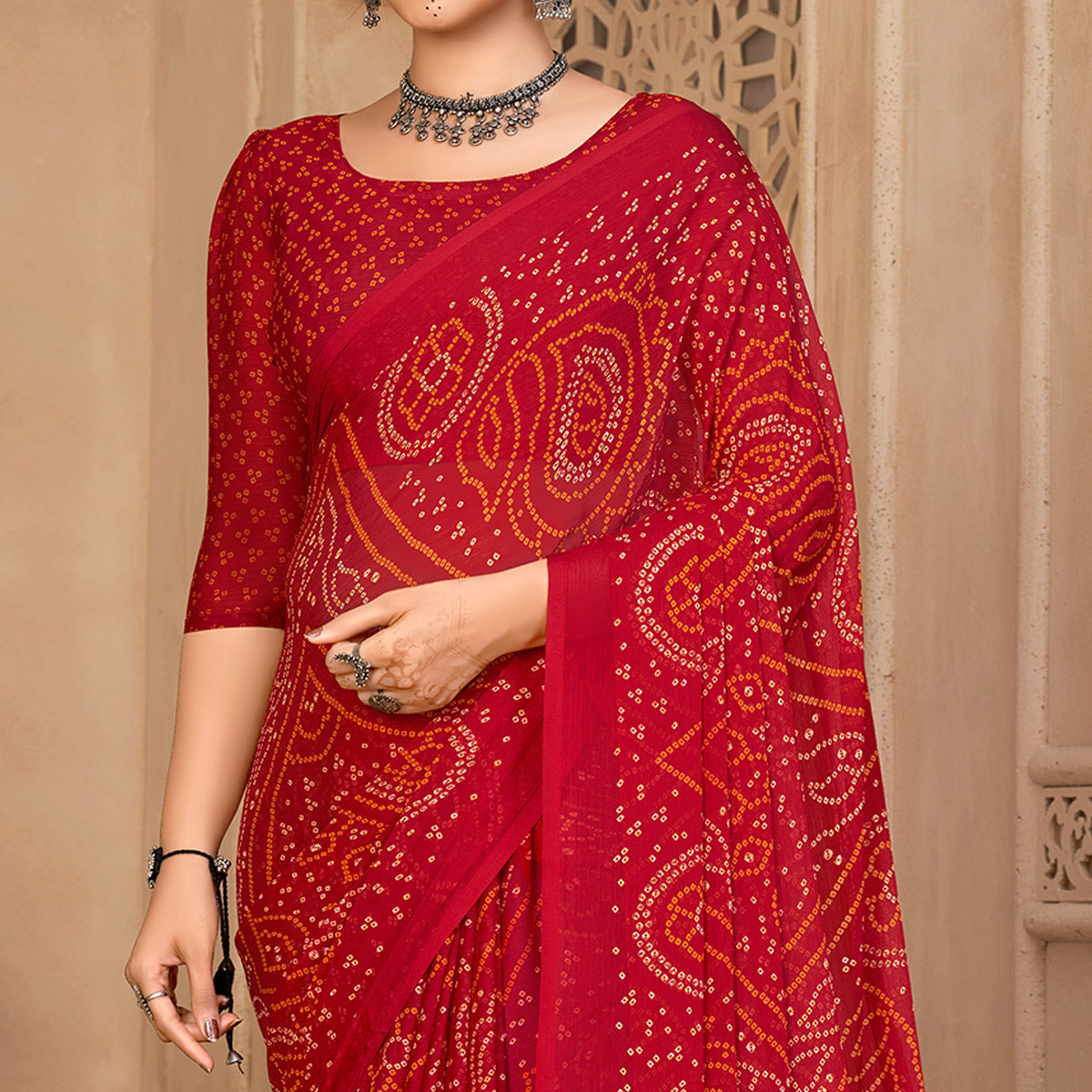 Red Bandhani Printed Chiffon Saree