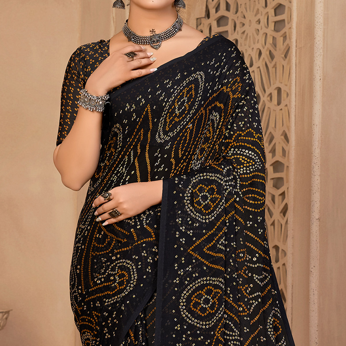 Black Bandhani Printed Chiffon Saree