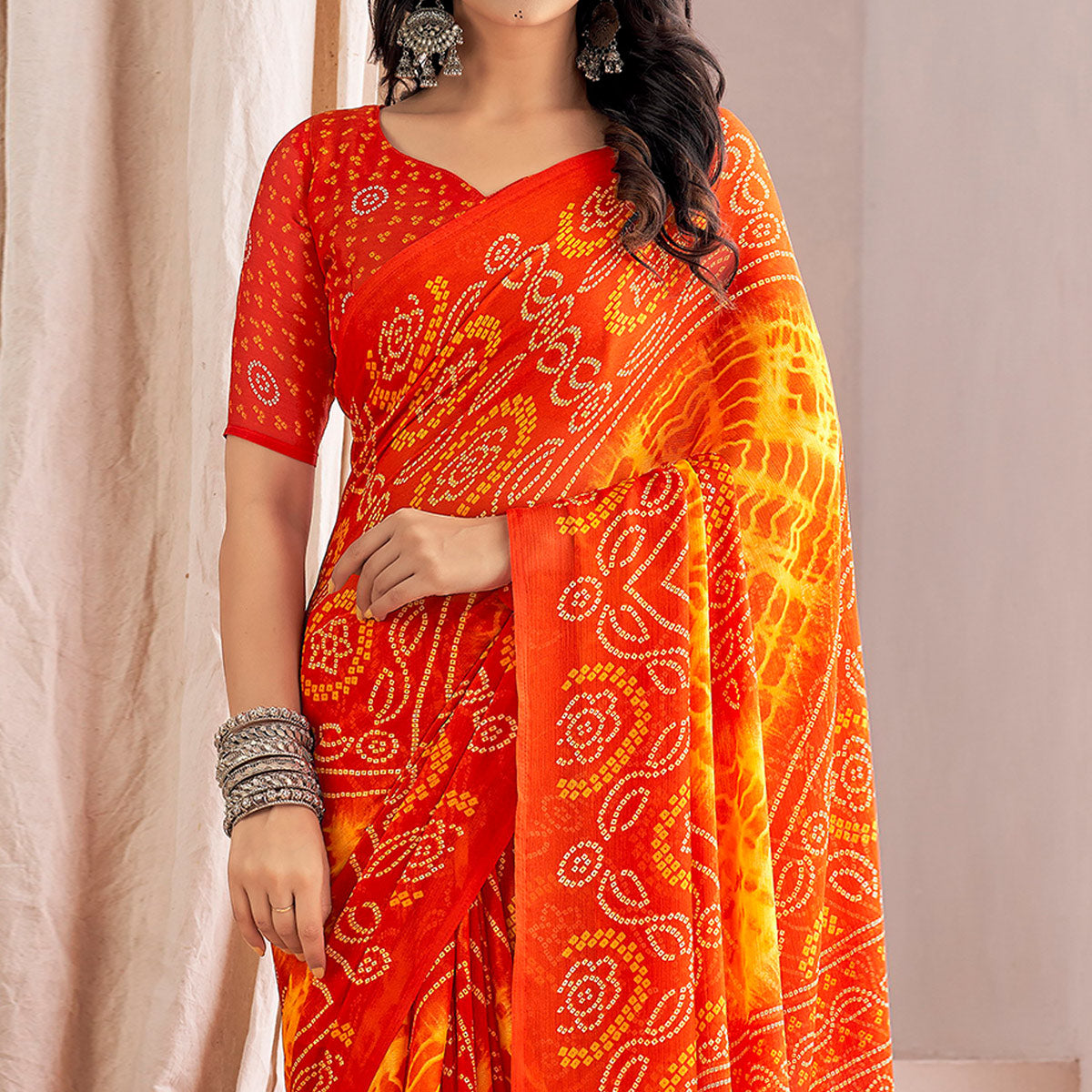 Orange Bandhani Printed Chiffon Saree