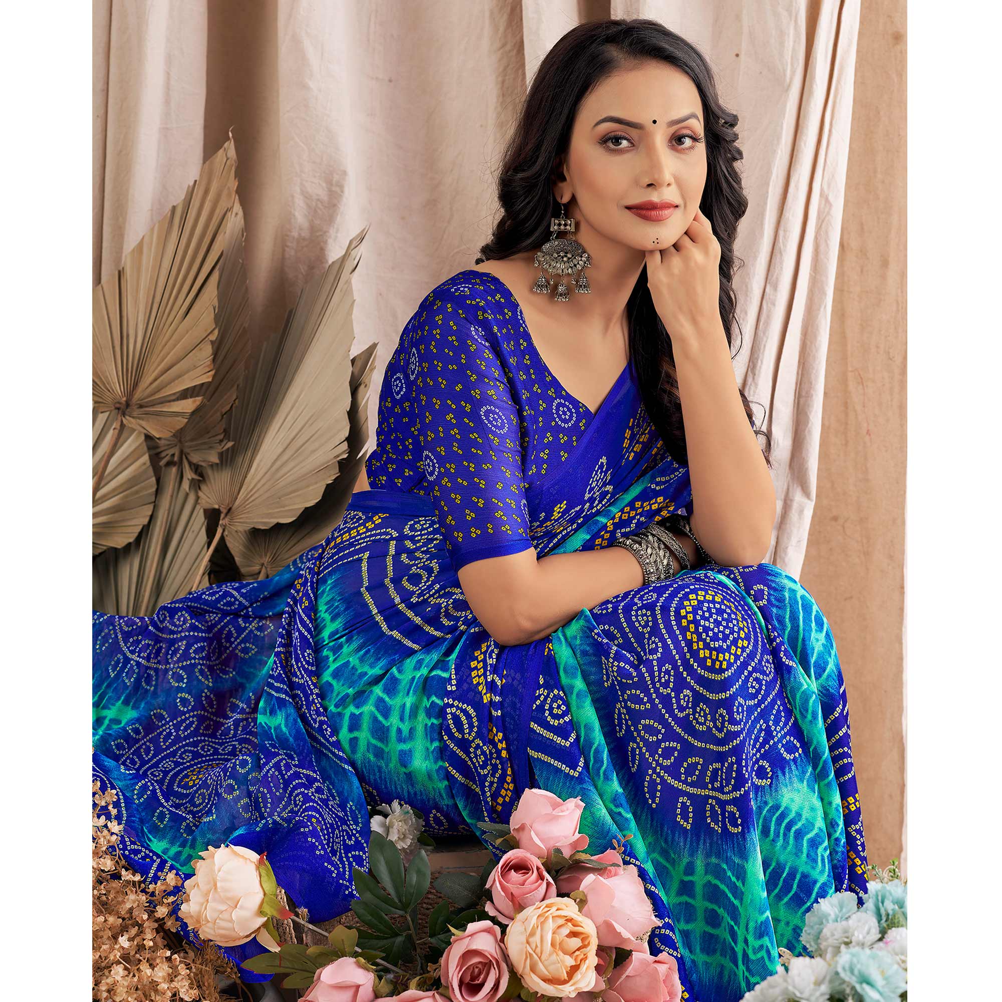 Royal Blue Bandhani Printed Chiffon Saree