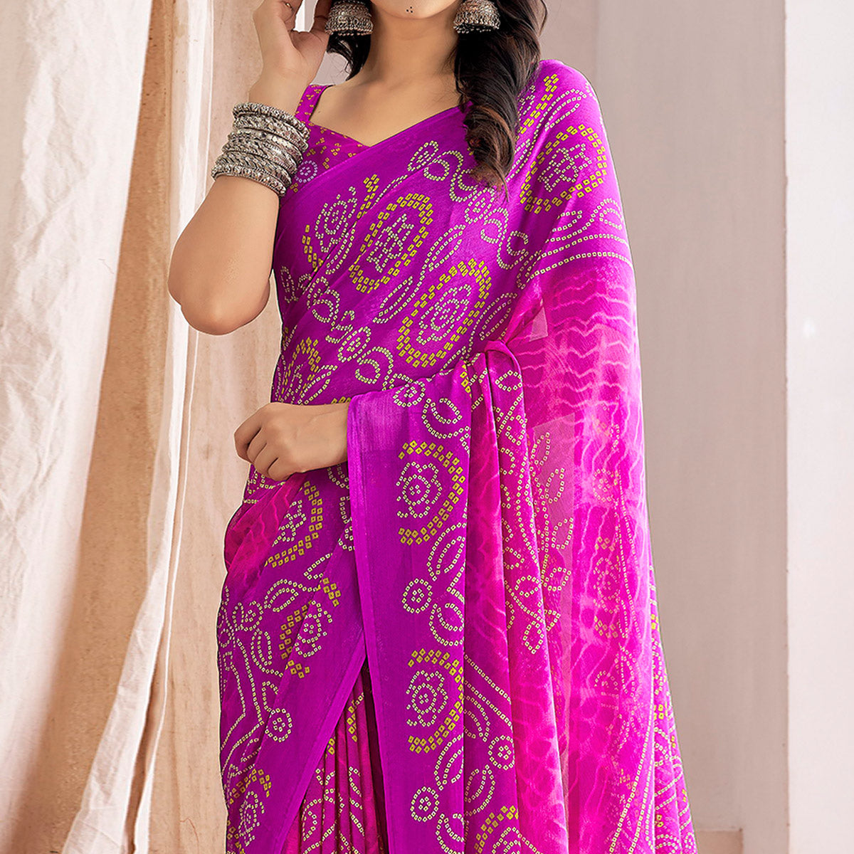 Purple Bandhani Printed Chiffon Saree