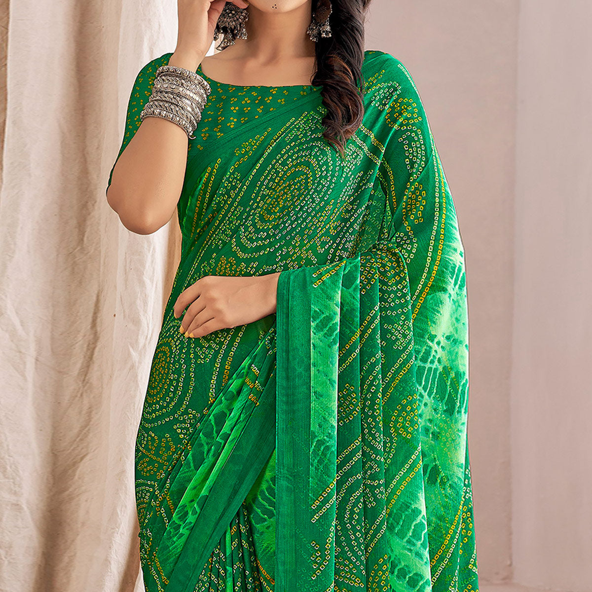 Green Bandhani Printed Chiffon Saree