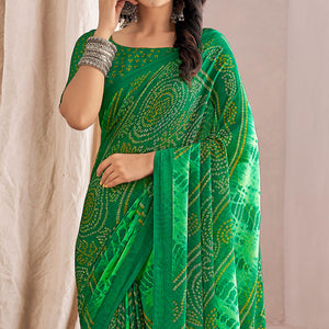 Green Bandhani Printed Chiffon Saree