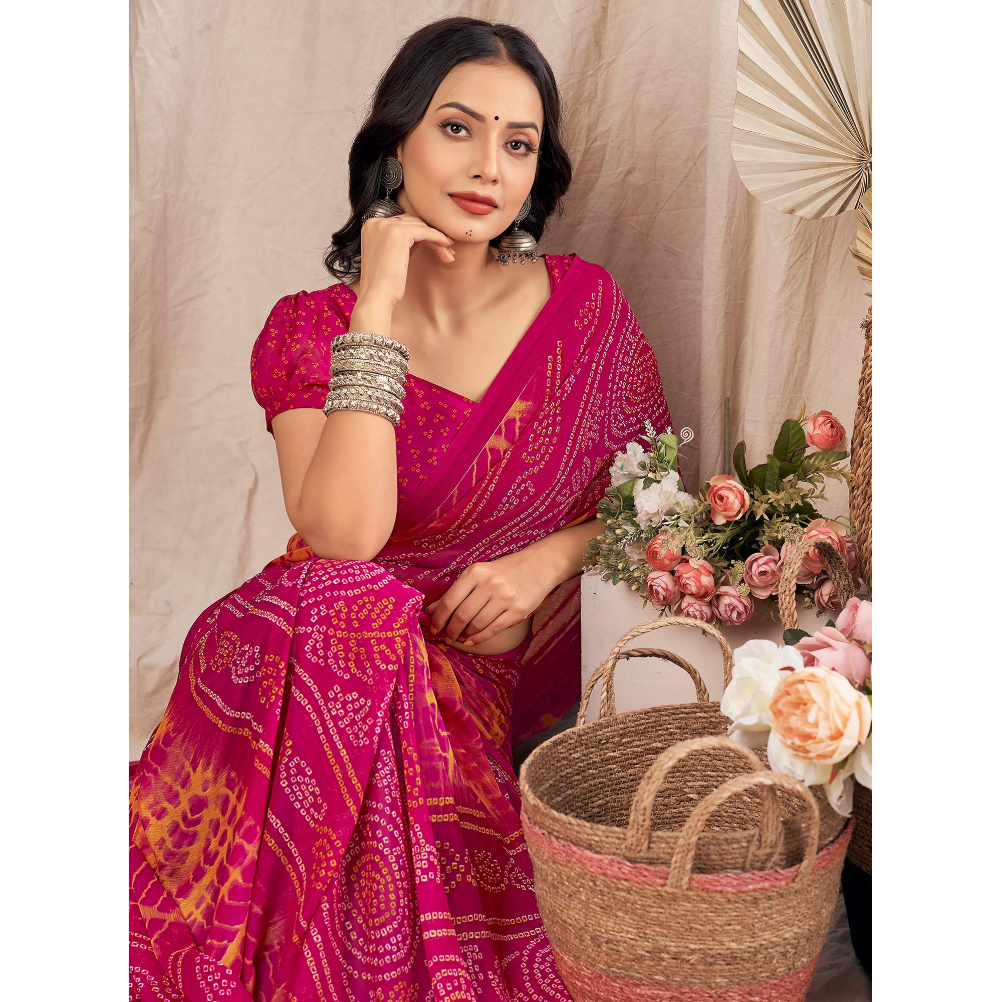 Rani pink Bandhani Printed Chiffon Saree