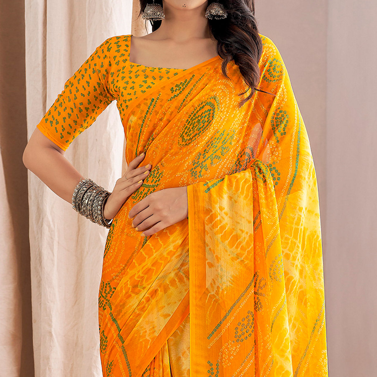 Yellow Bandhani Printed Chiffon Saree