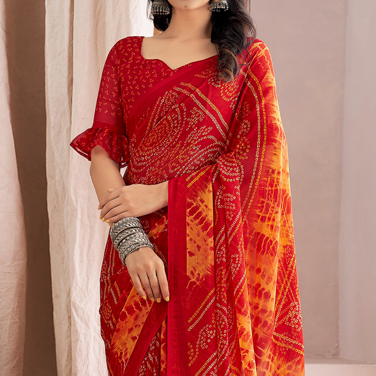 Red Bandhani Printed Chiffon Saree