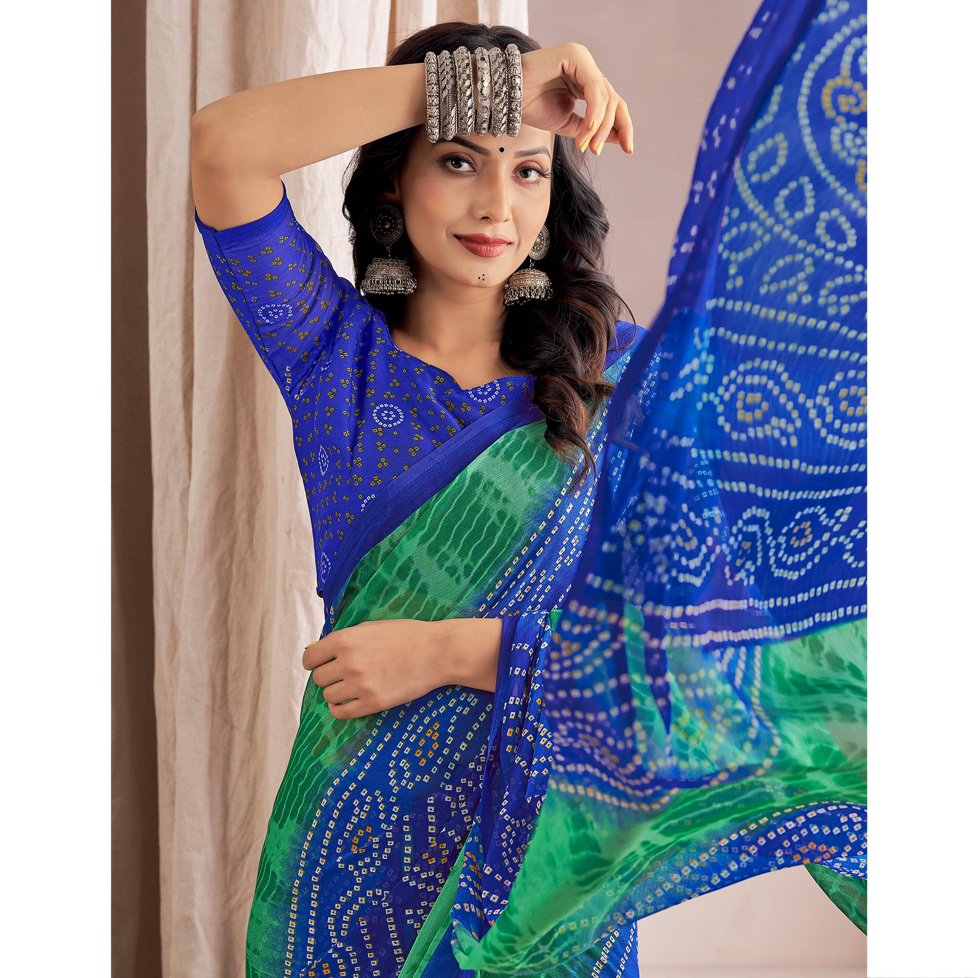 Blue Bandhani Printed Chiffon Saree