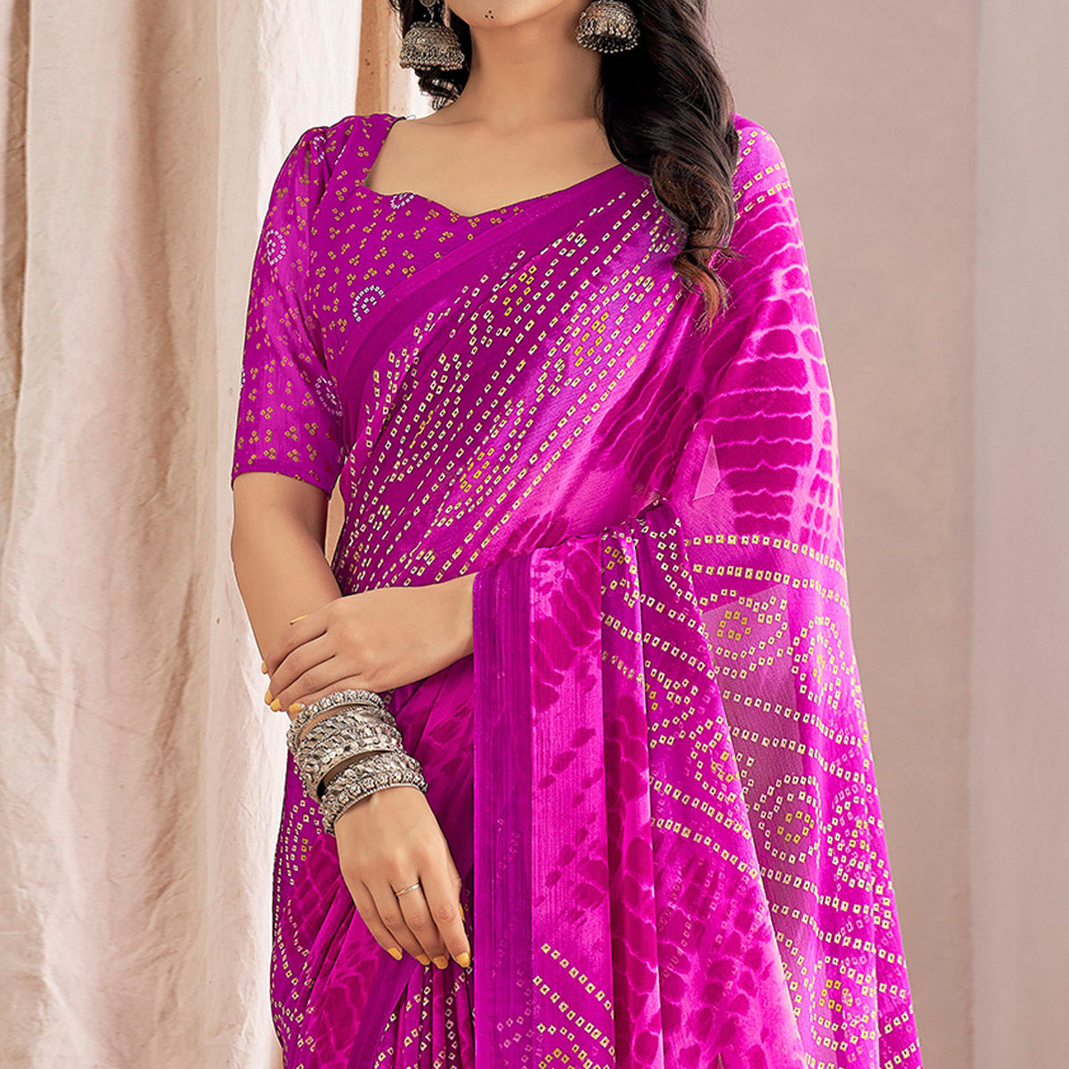 Purple Bandhani Printed Chiffon Saree