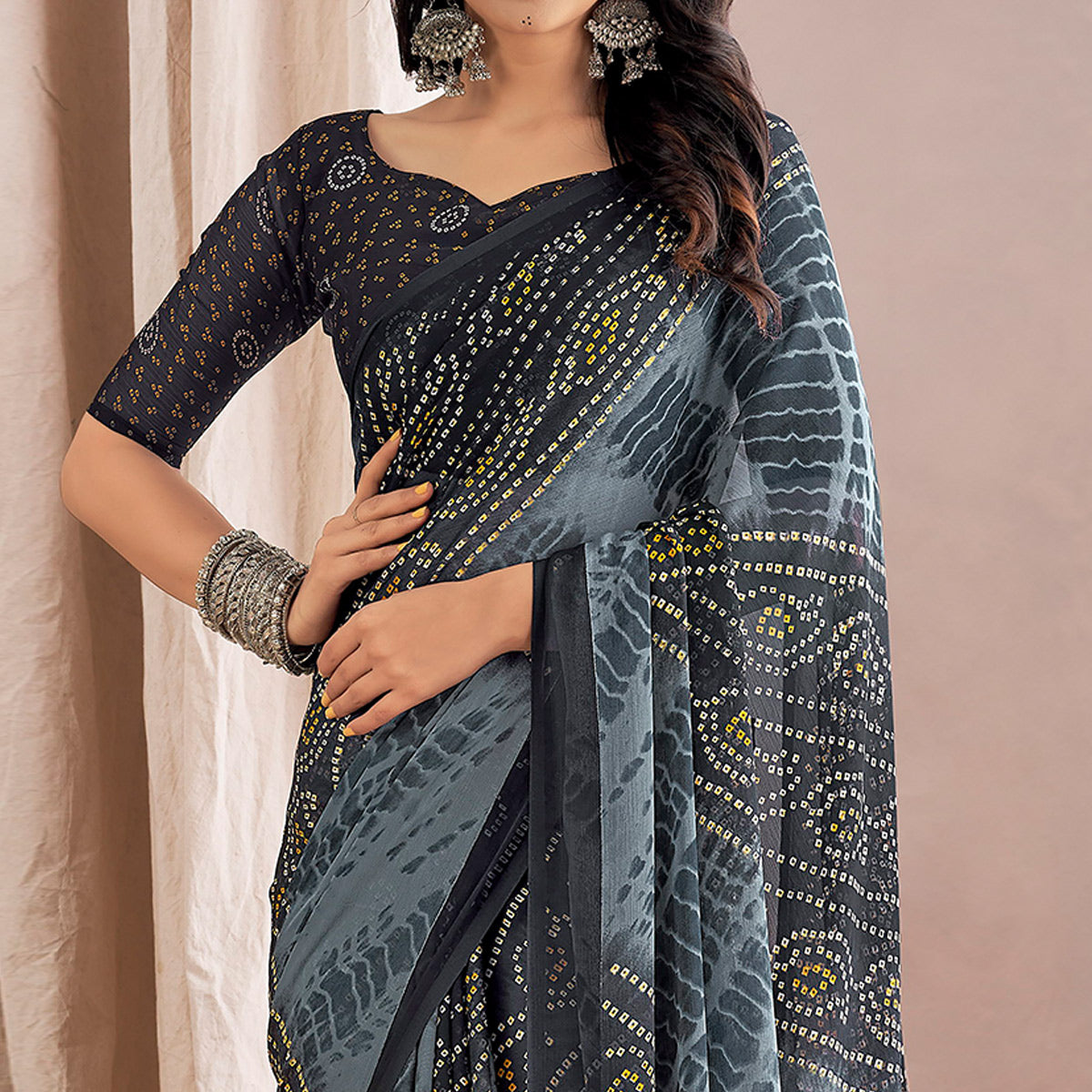 Grey Bandhani Printed Chiffon Saree