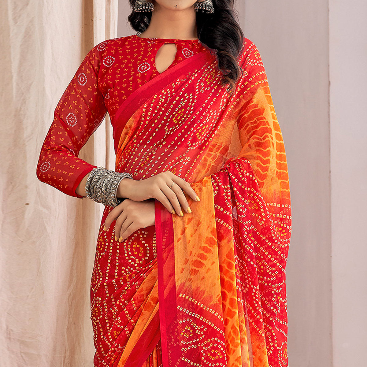 Red Bandhani Printed Chiffon Saree