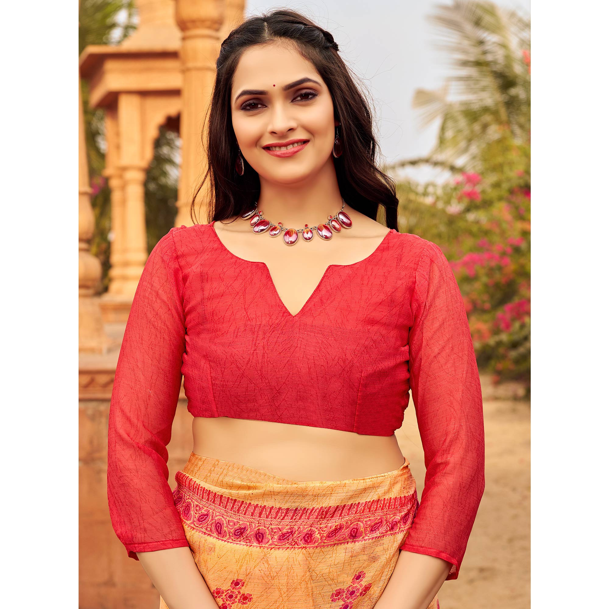 Orange Floral Printed Chiffon Saree